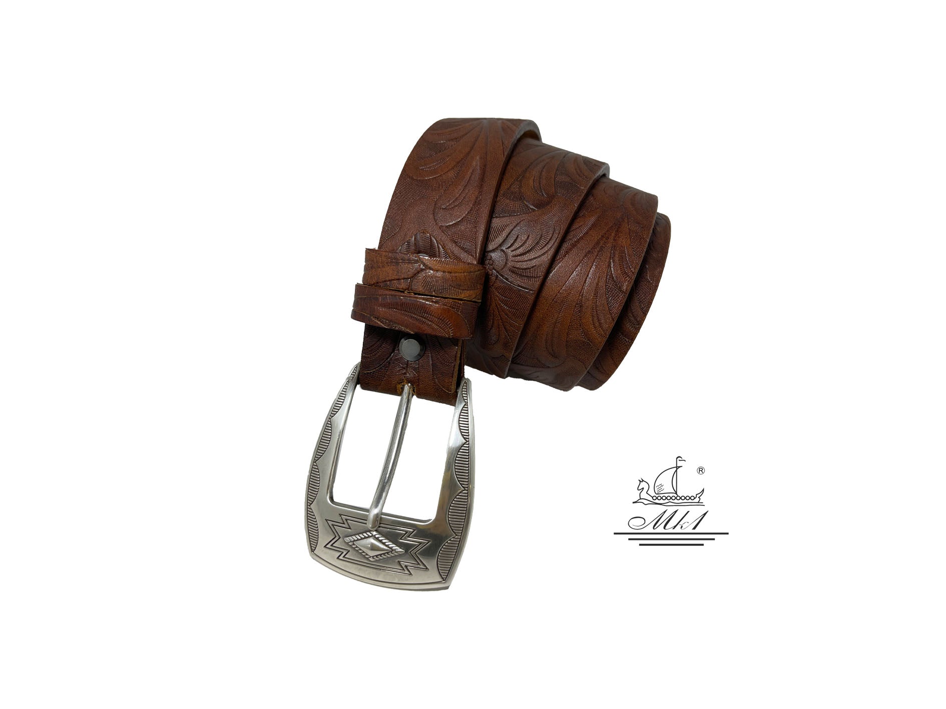 Unisex 4cm wide belt handcrafted from brown leather with flower design.A003/35BR/LD