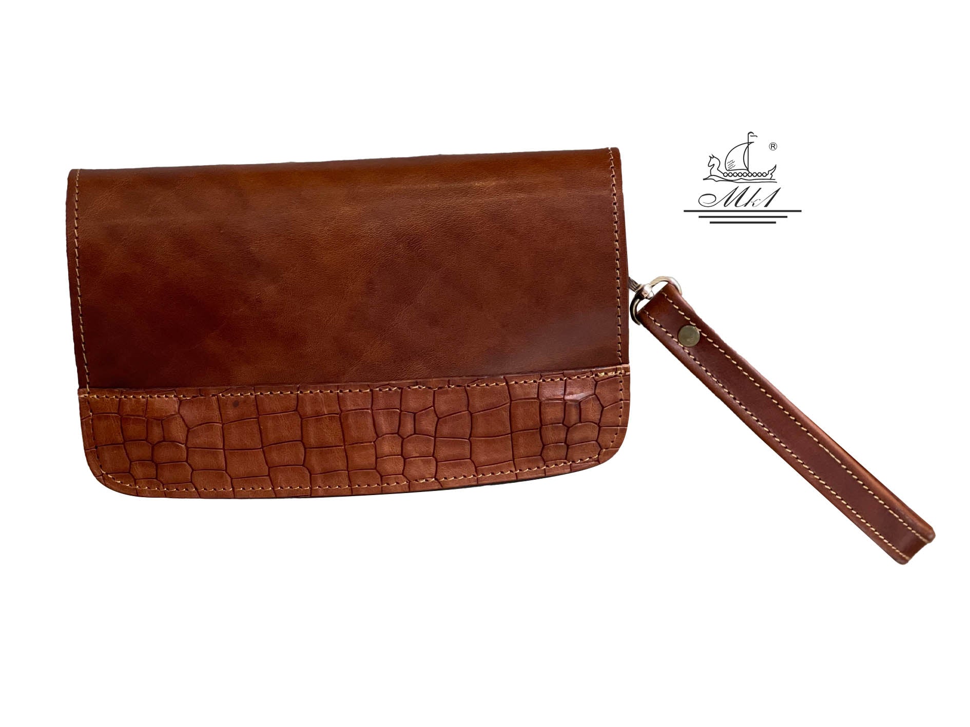 "Oneiros" - small crossbody bag handcrafted from natural light brown leather with croco design WT/58KR