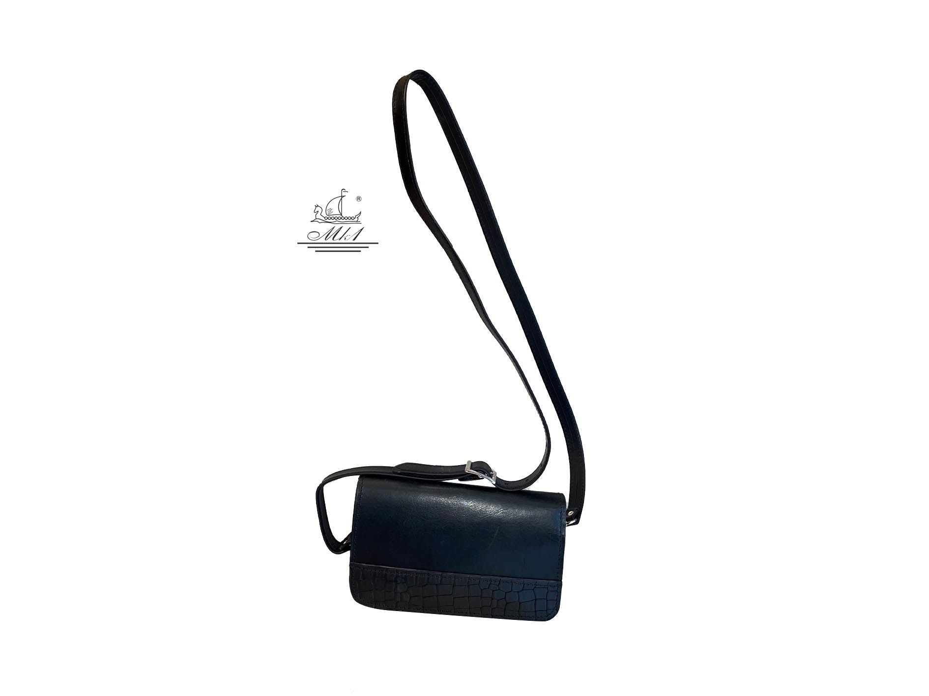 "Oneiros" - small crossbody bag handcrafted from natural black leather with croco design WT/58B