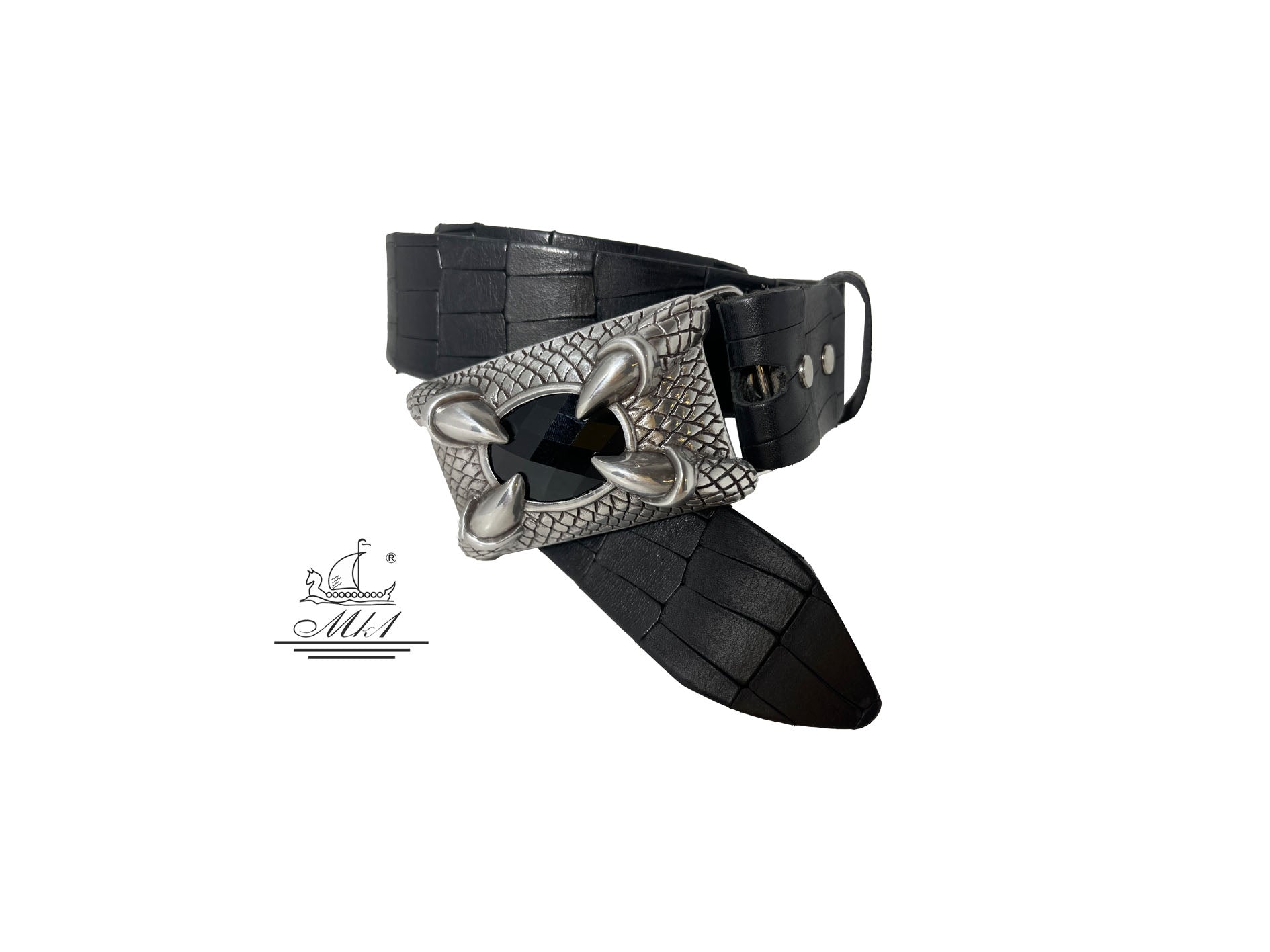 Unisex 4cm wide belt handcrafted from black leather with croco design. 101120/40B/KR