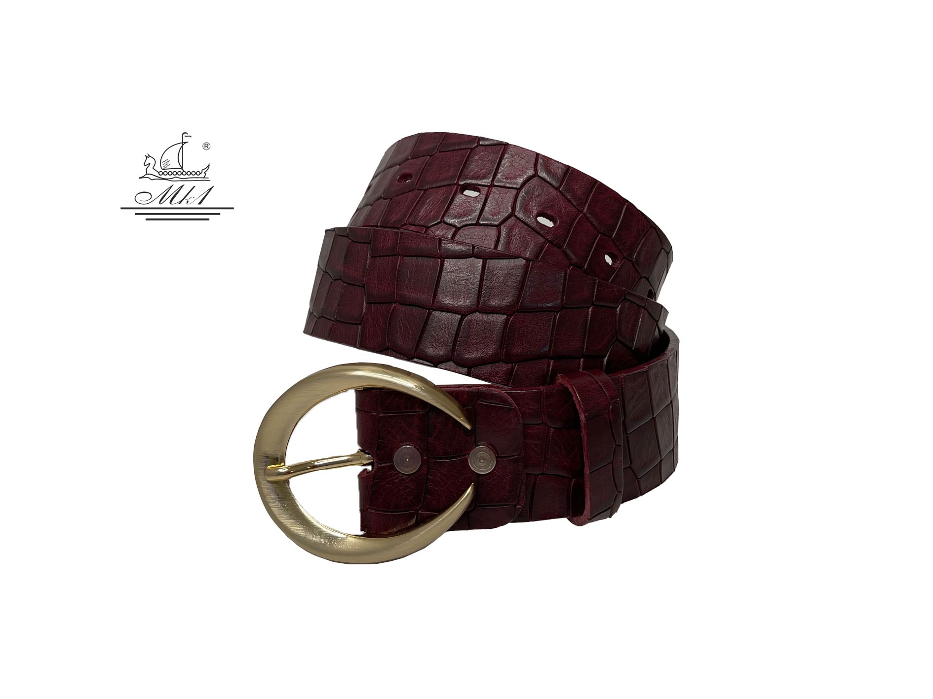 Unisex 4cm wide belt handcrafted from burgundy leather with croco design. 101589/40BG/KR