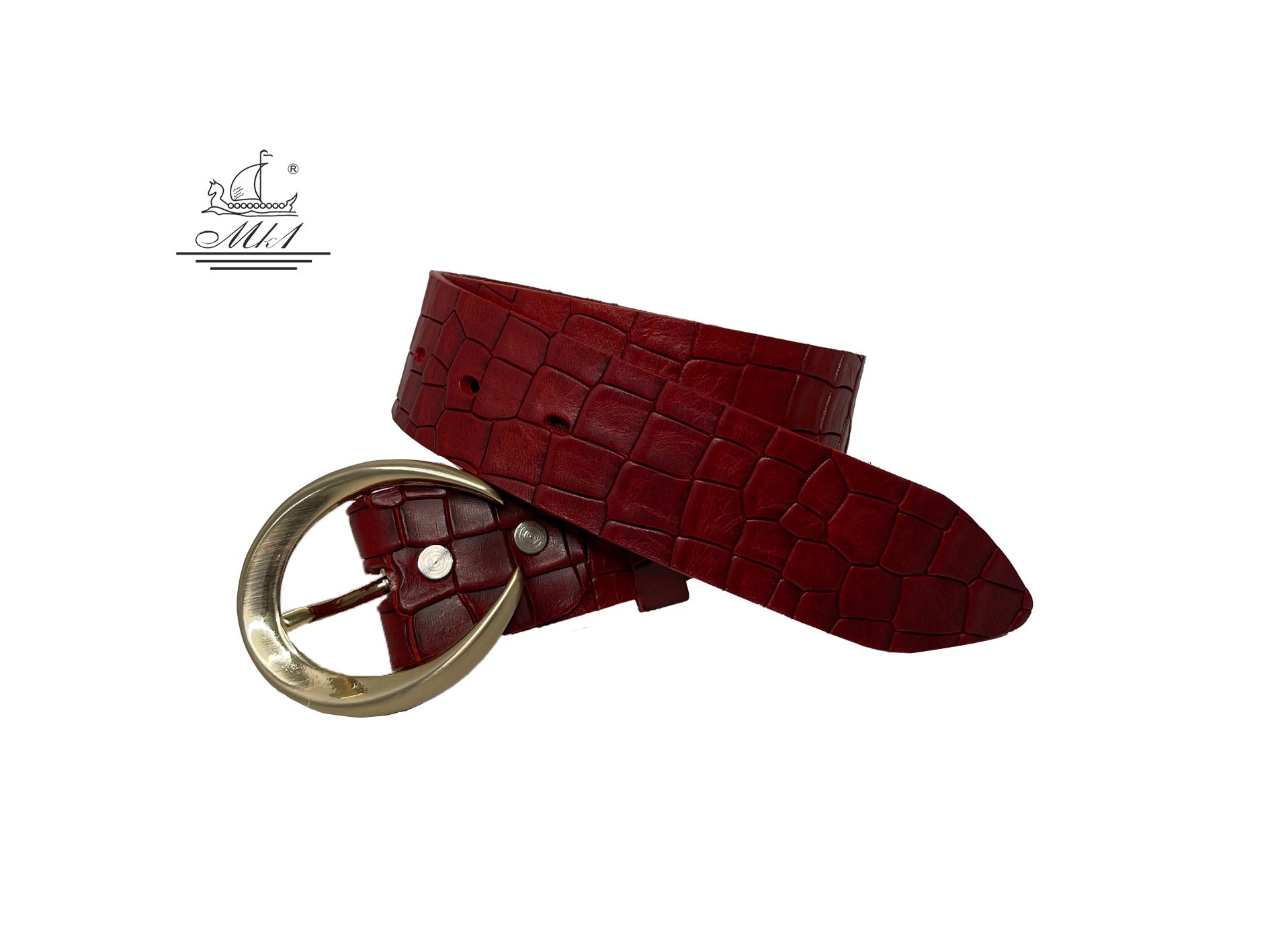 Women's wide belt handcrafted from red natural leather with animal print(croco) design. 101589/40kk-kr