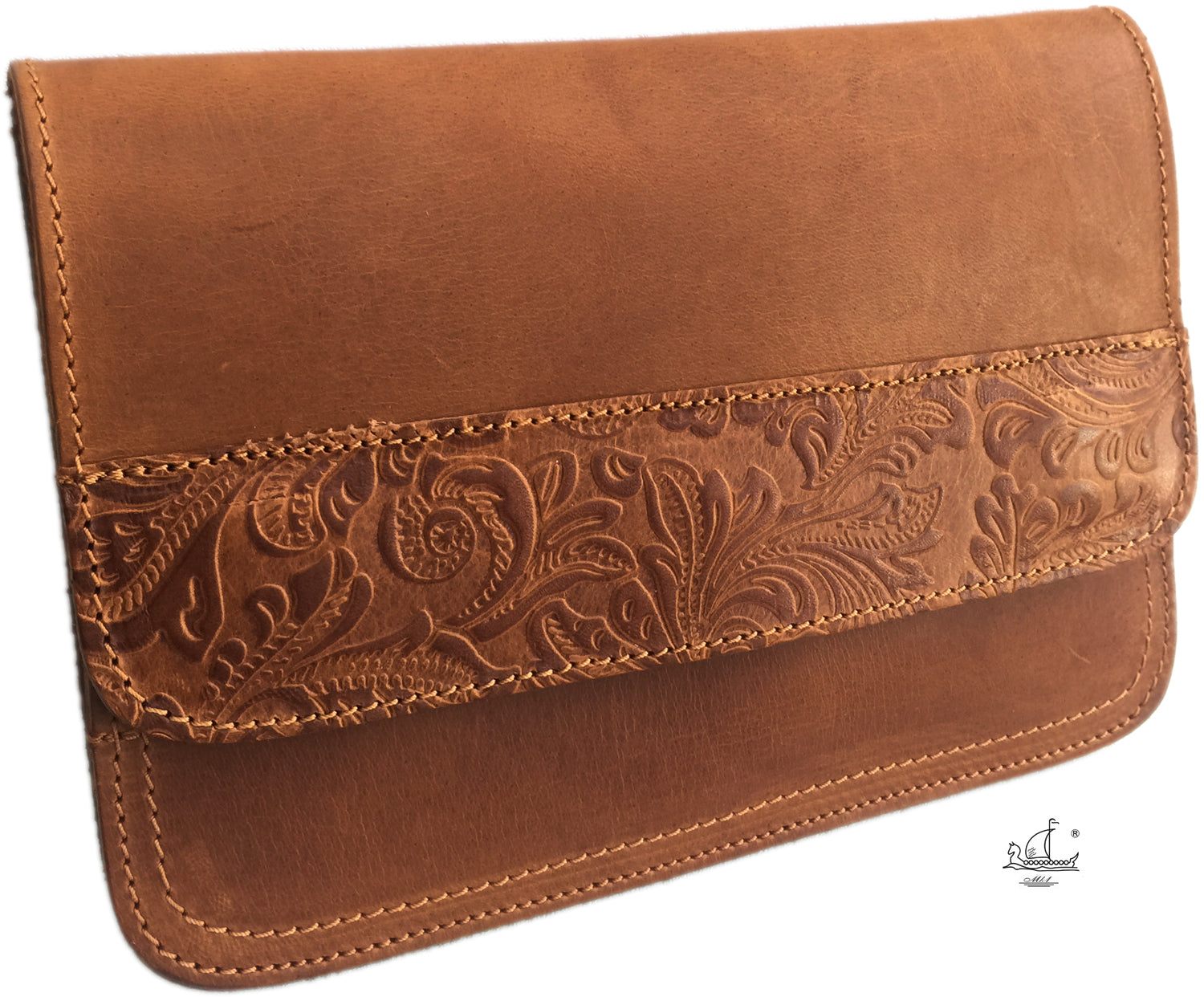 "Iakinthos" - small crossbody bag handcrafted from natural light brown leather with flower design WT/52FLK