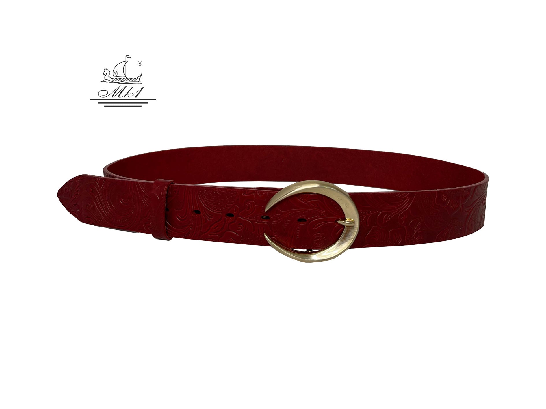 Unisex 4cm wide belt handcrafted from red leather with flower design. 101589/40RD/LD