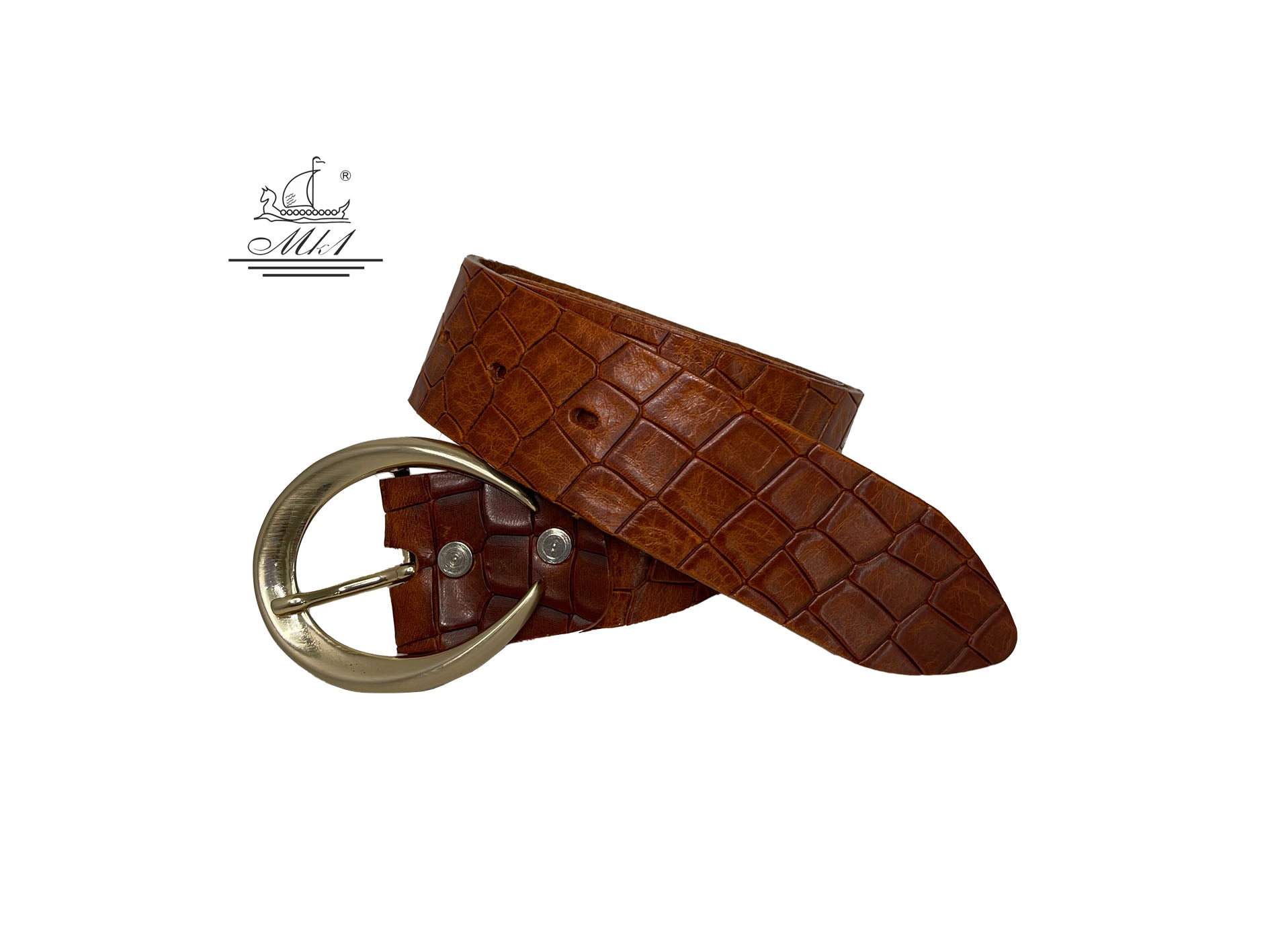 Unisex 4cm wide belt handcrafted from light brown colour leather with croco design. 101589/40TB/KR