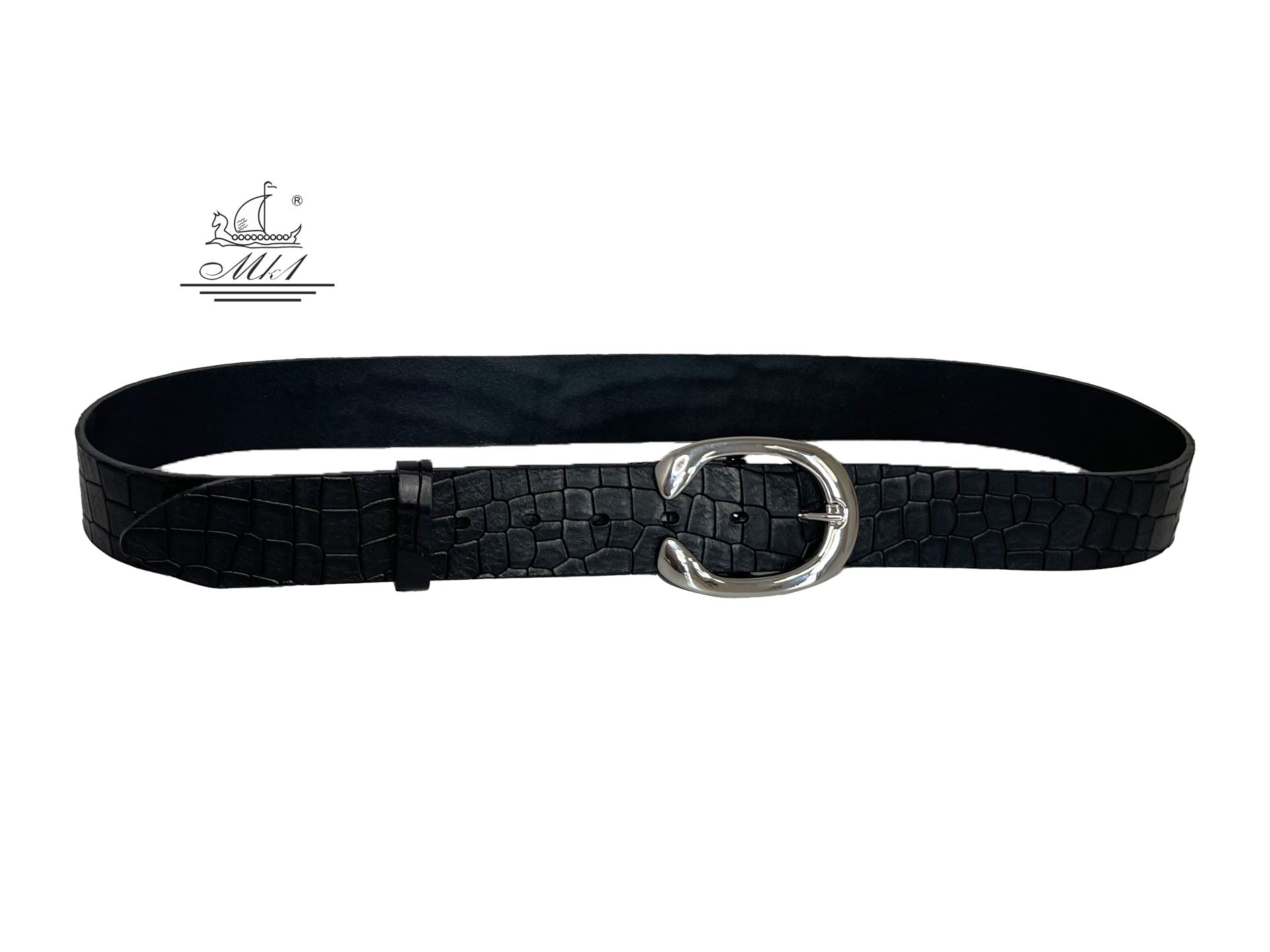 Unisex 4cm wide belt handcrafted from black leather with croco design. 101294/40B/KR