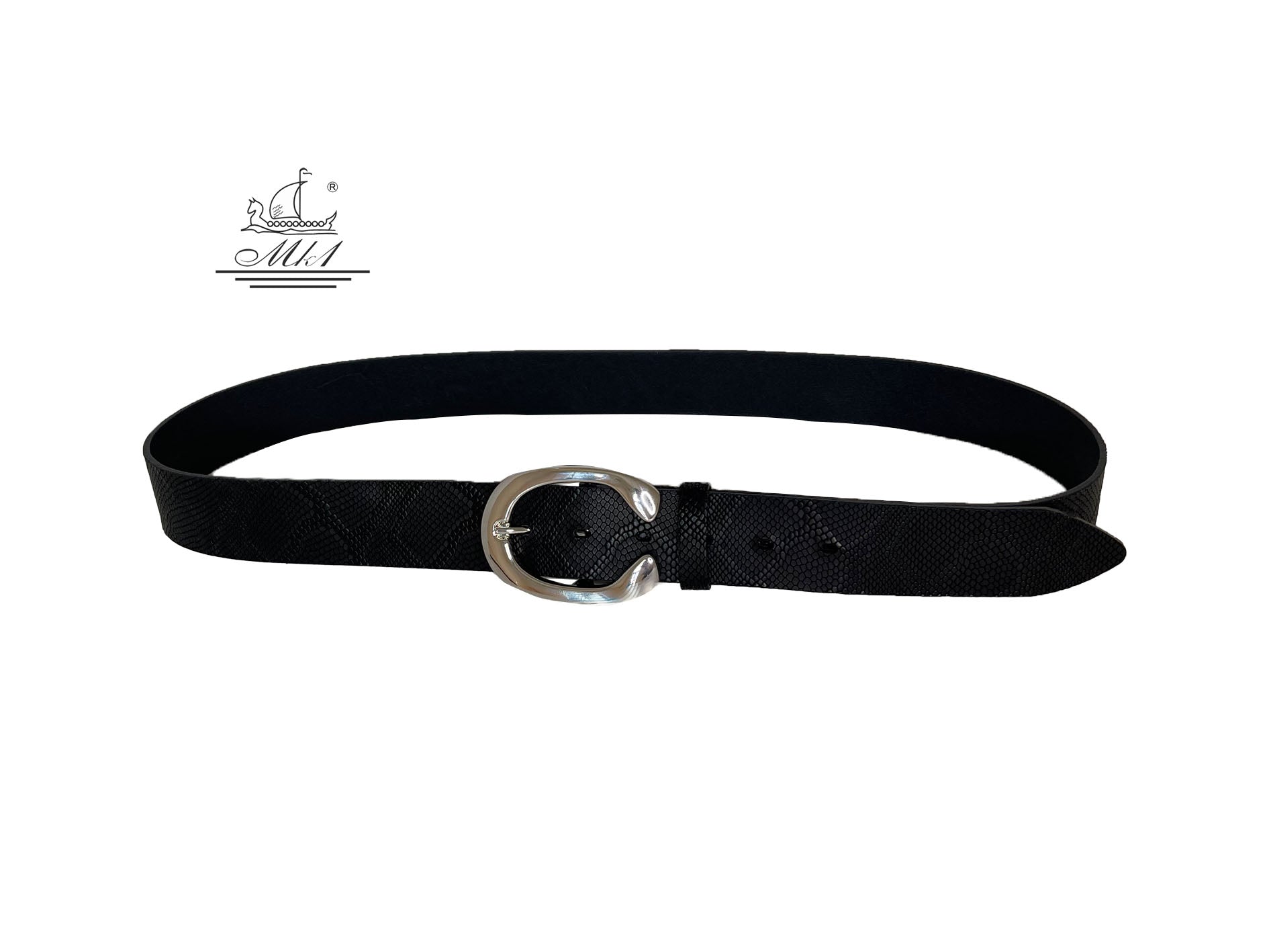Women's wide belt handcrafted from black natural leather with animal print (snake) design. 101294/40m-fd