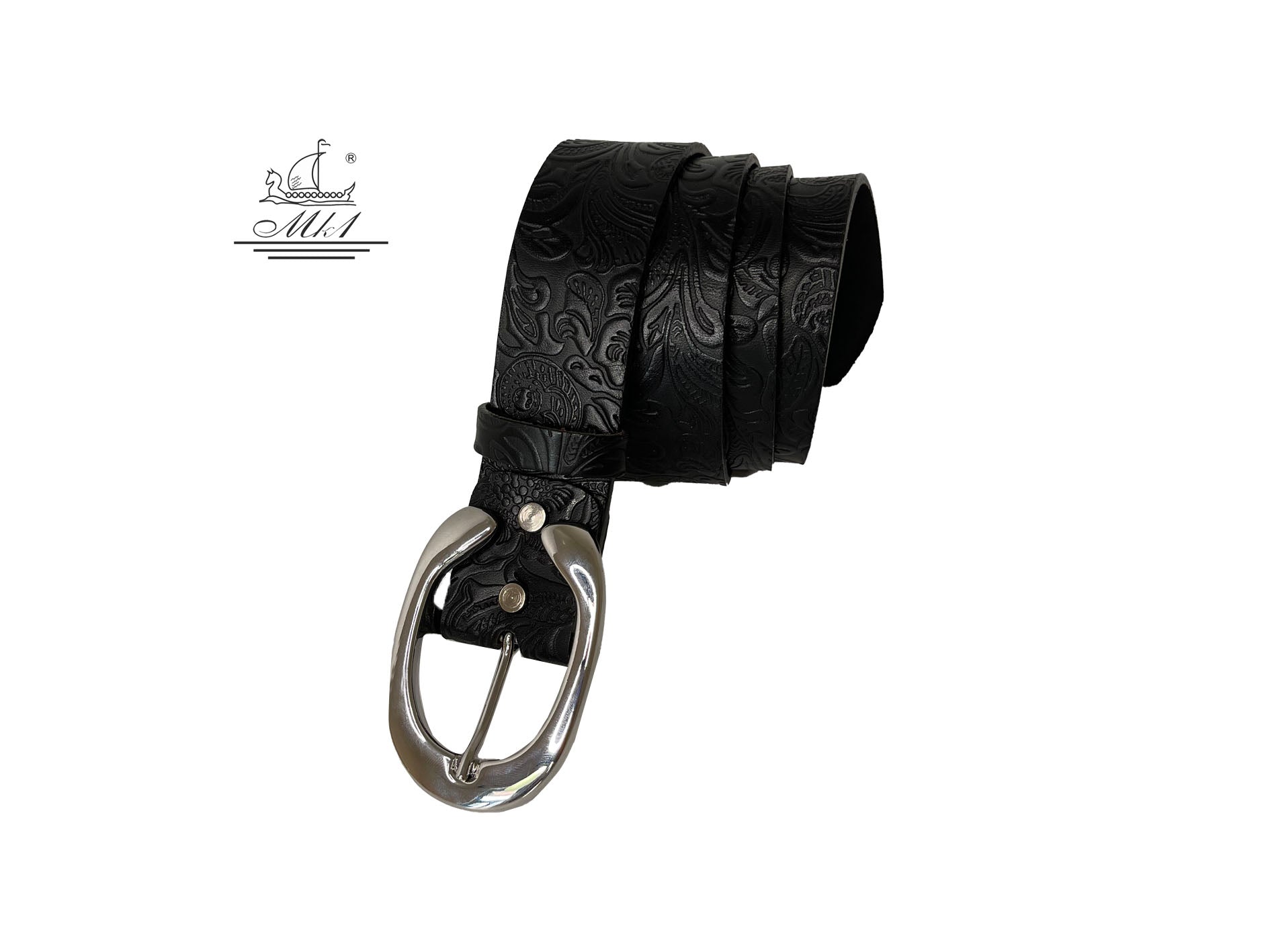 Unisex 4cm wide belt handcrafted from black leather with flower design. 101294/40B/LD