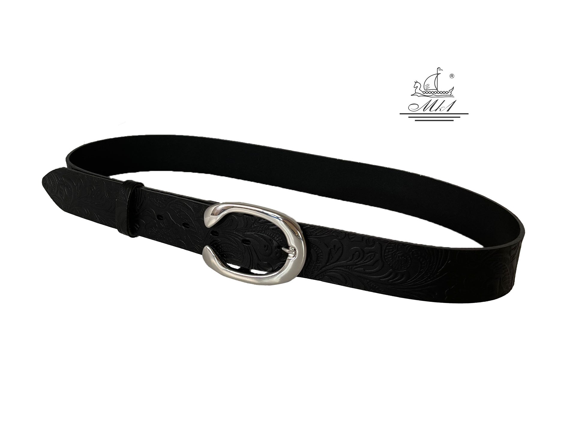 Unisex 4cm wide belt handcrafted from black leather with flower design. 101294/40B/LD