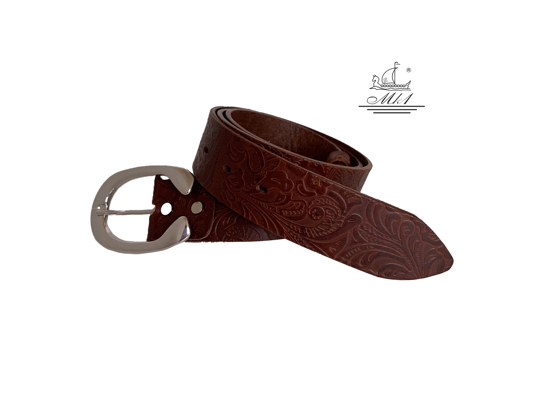 Unisex 4cm wide belt handcrafted from brown leather with flower design. 101294/40BR/LD
