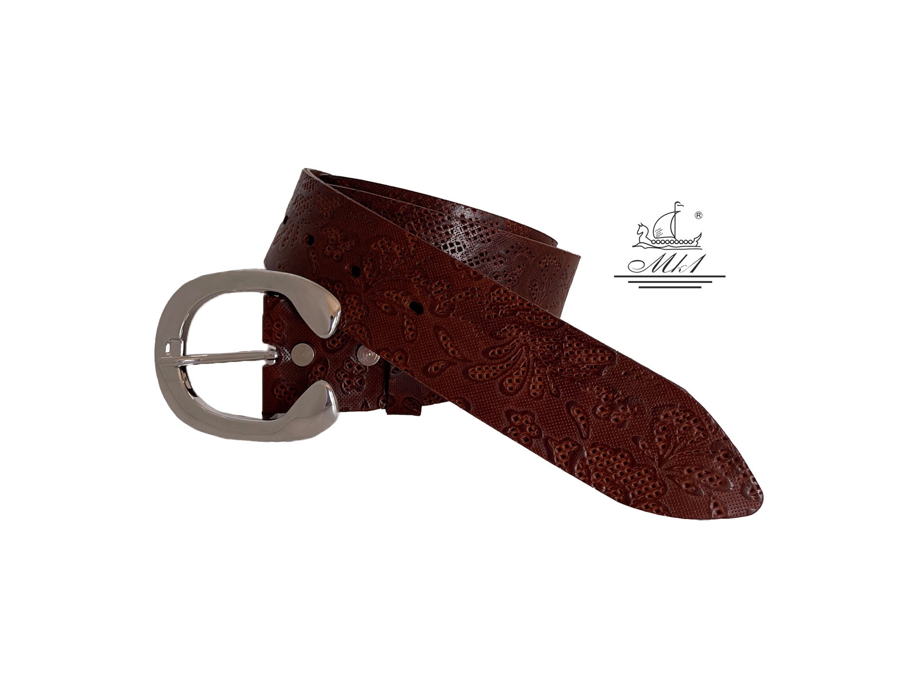 Unisex 4cm wide belt handcrafted from red brown leather with flower design. 101294/40BR/LD