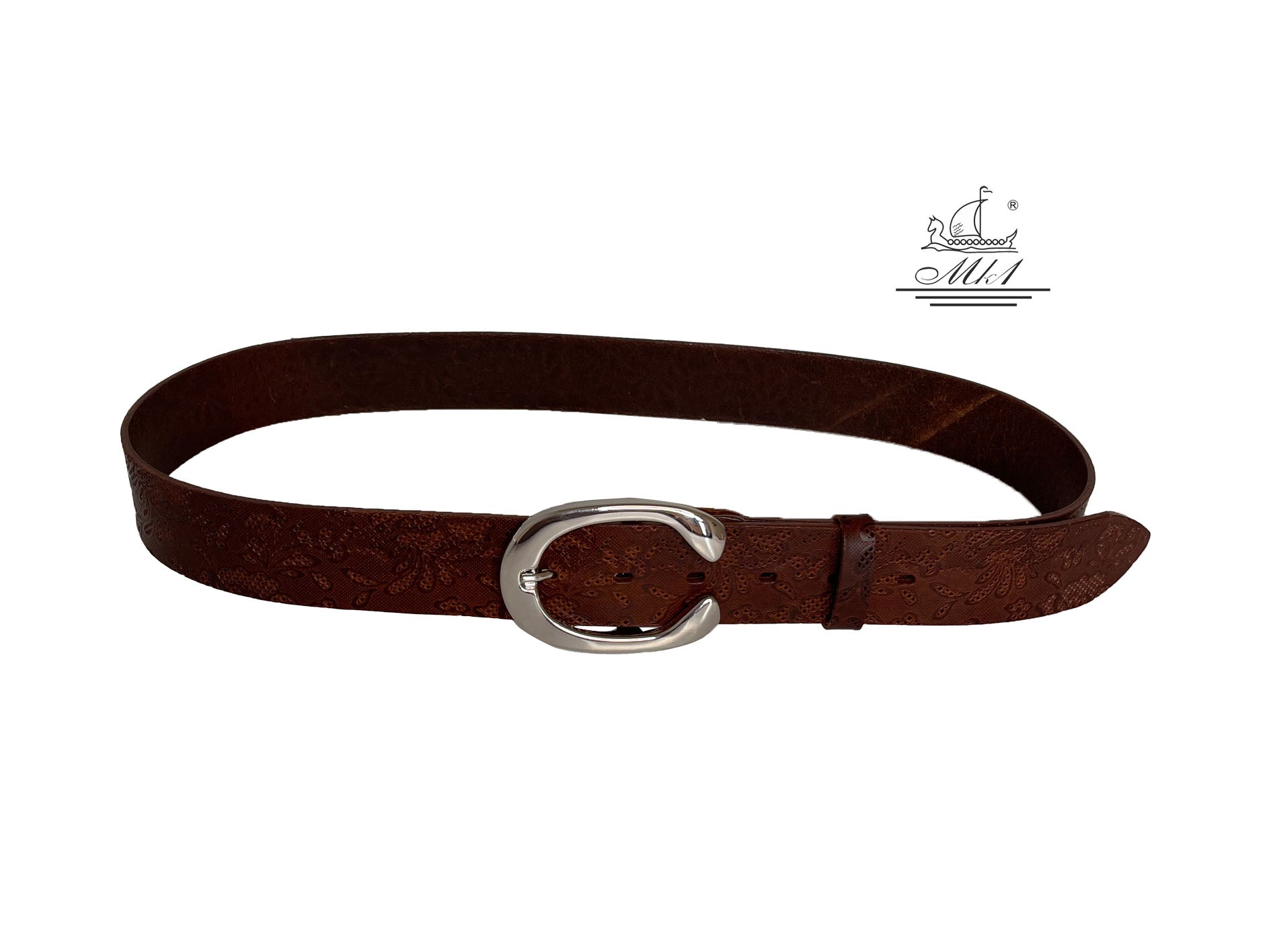 Women's wide belt handcrafted from brown natural leather with floral design. 101294/40k-dt