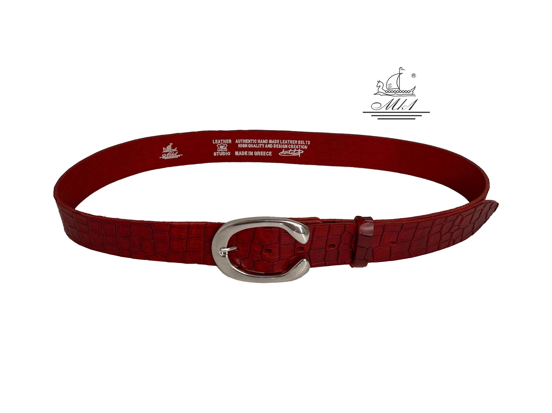 Unisex 4cm wide belt handcrafted from red leather with croco design. 101294/40RD/KR