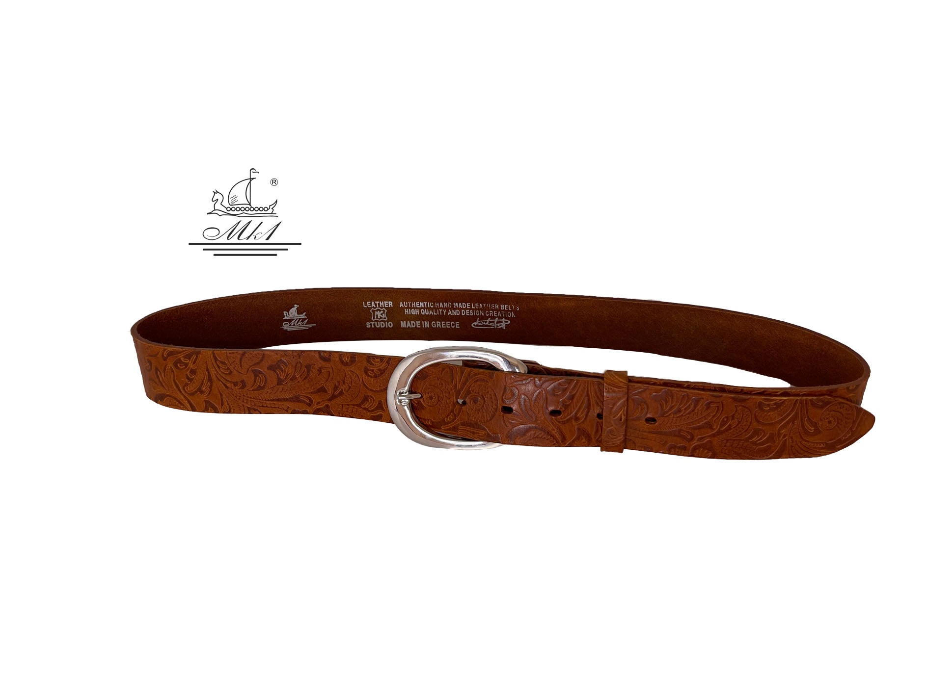 Unisex 4cm wide belt handcrafted from light brown leather with flower design. 101294/40TB/LD