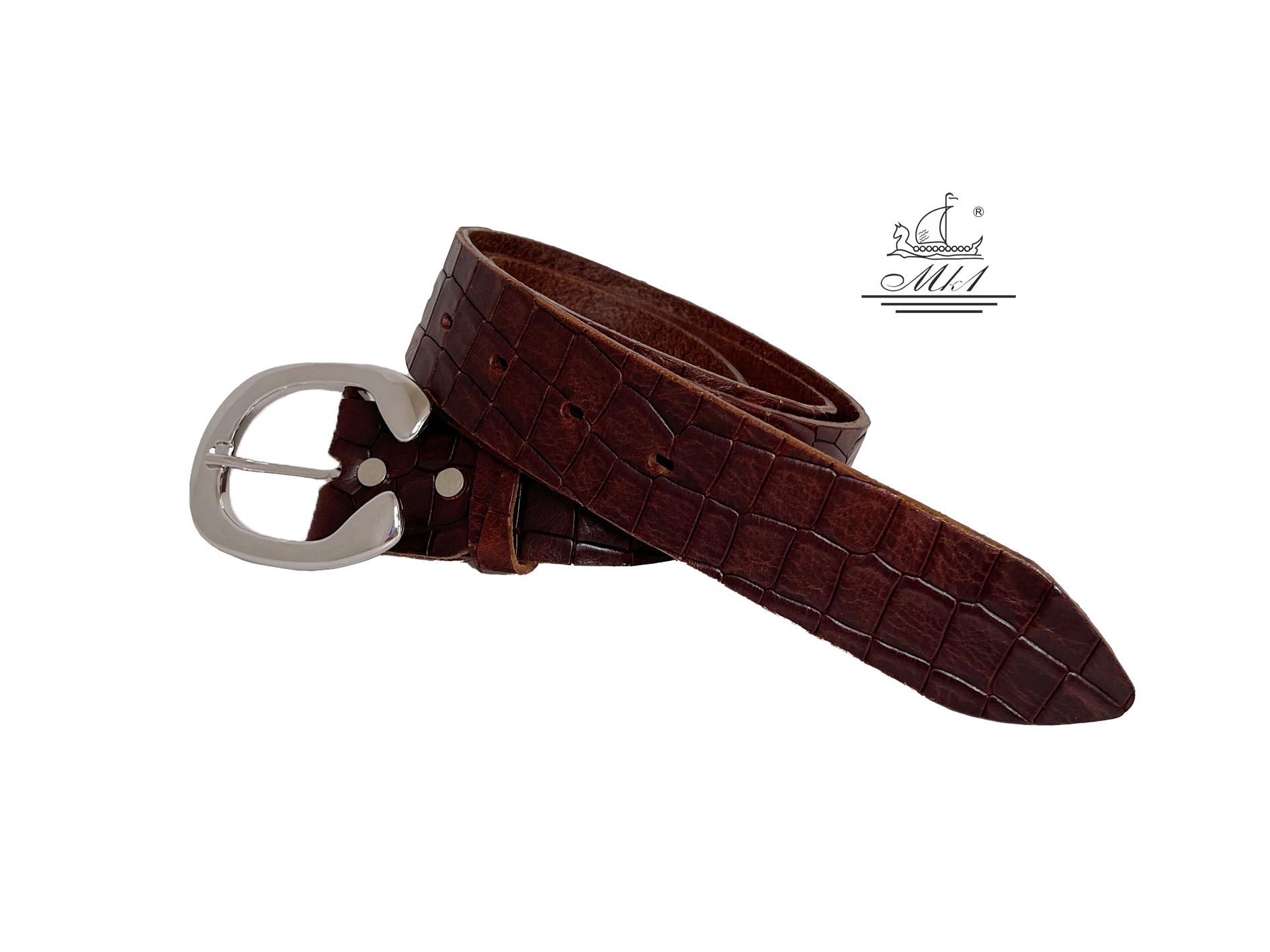 Unisex 4cm wide belt handcrafted from brown leather with croco design. 101294/40BR/KR