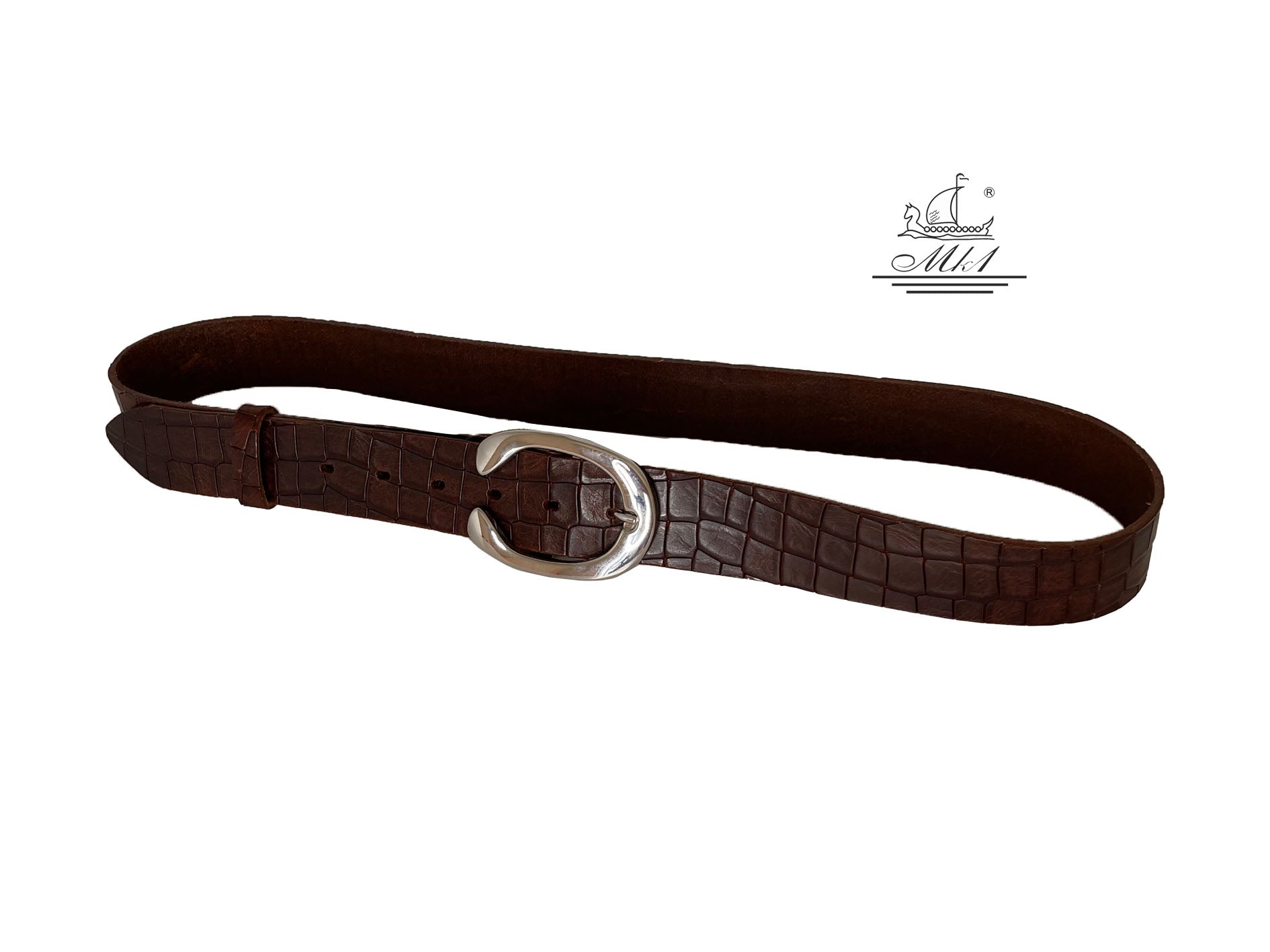 Unisex 4cm wide belt handcrafted from brown leather with croco design. 101294/40BR/KR
