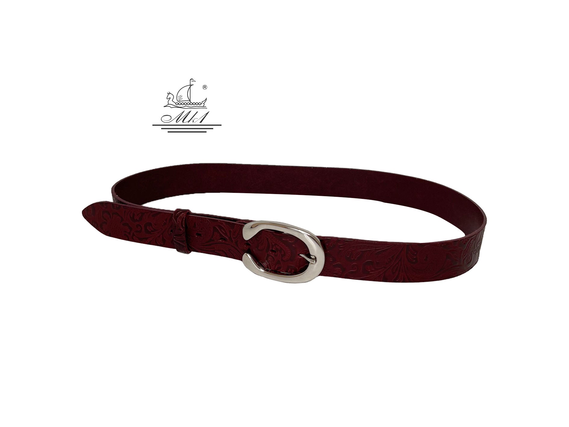 Unisex 4cm wide belt handcrafted from burgundy leather with flower design. 101294/40BG/LD