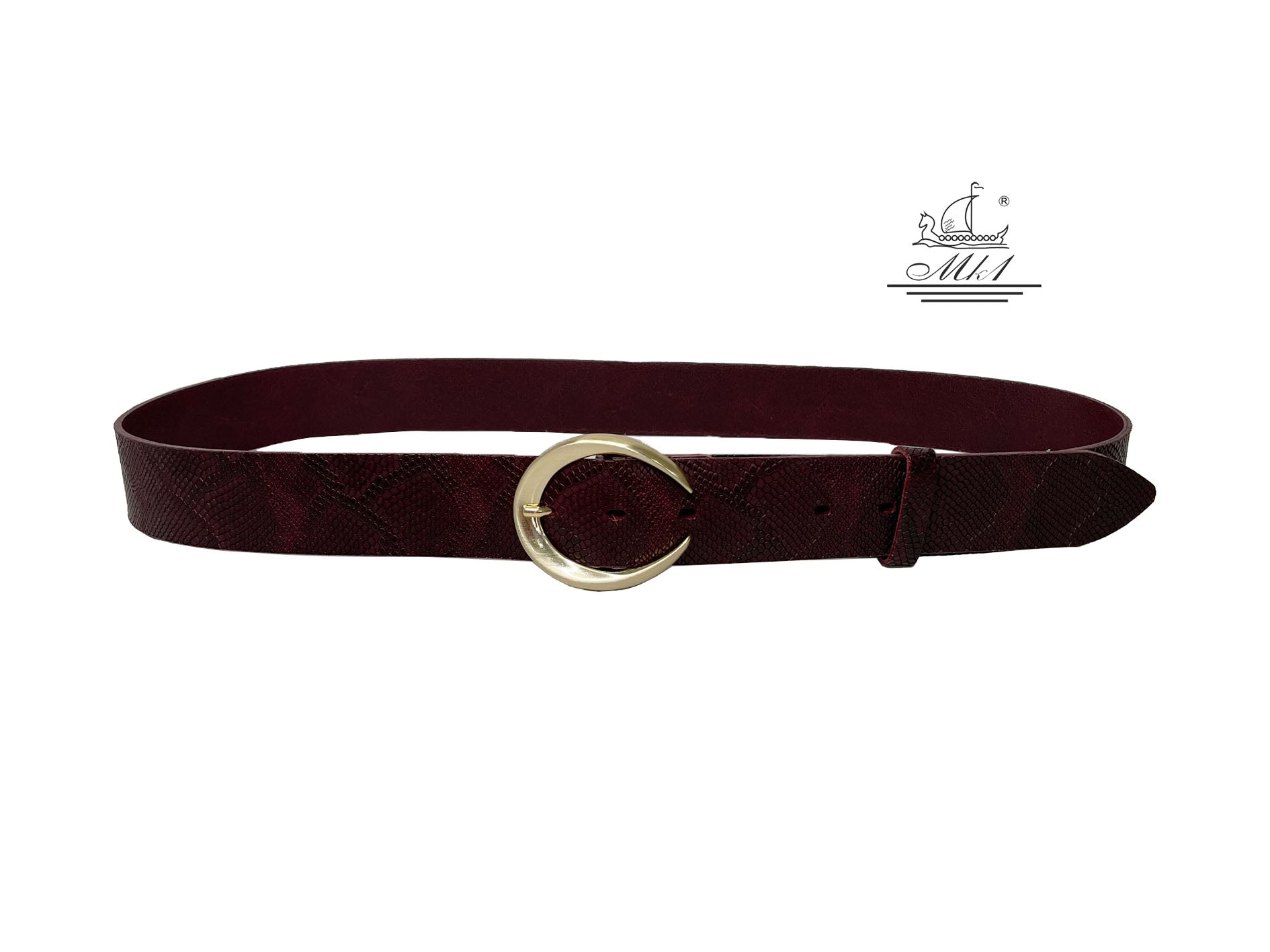 Unisex 4cm wide belt handcrafted from burgundy colour leather with snake design. 101589/40BG/FD