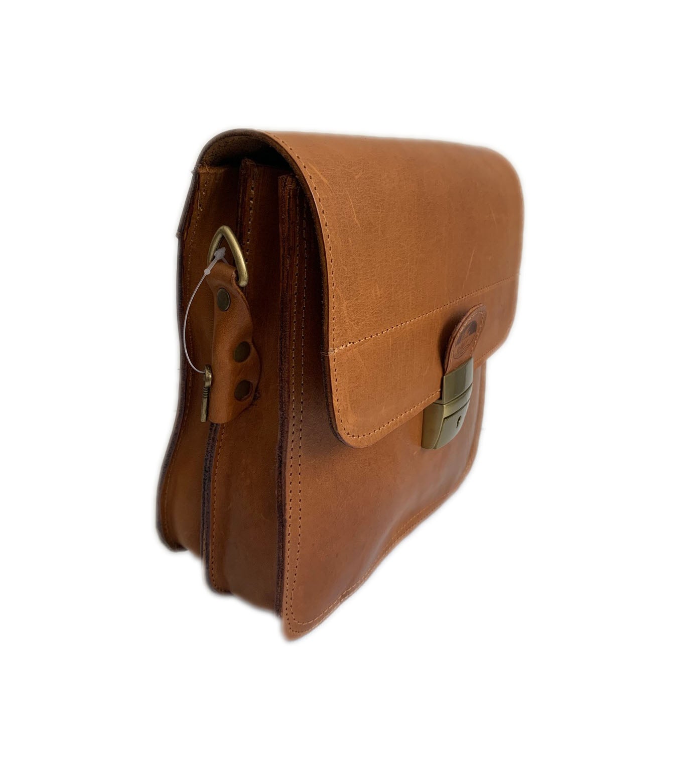 "Ikaros" - midsize crossbody bag handcrafted from natural light brown leather with square lock WT/52T