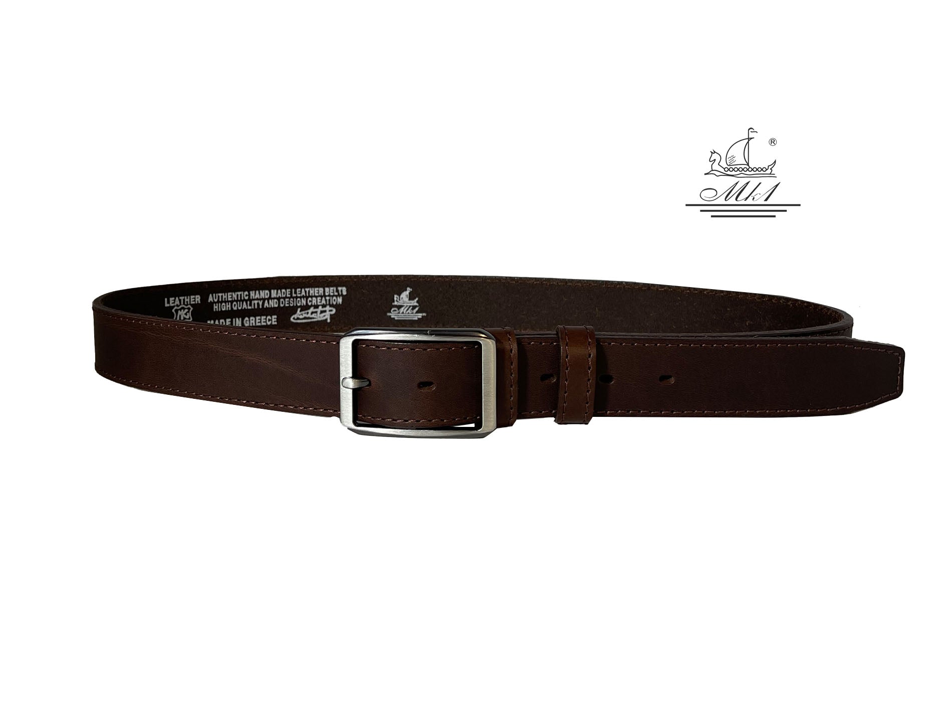 Unisex 3,5cm wide belt handcrafted from brown leather with sticking design. A001/35BR/DG