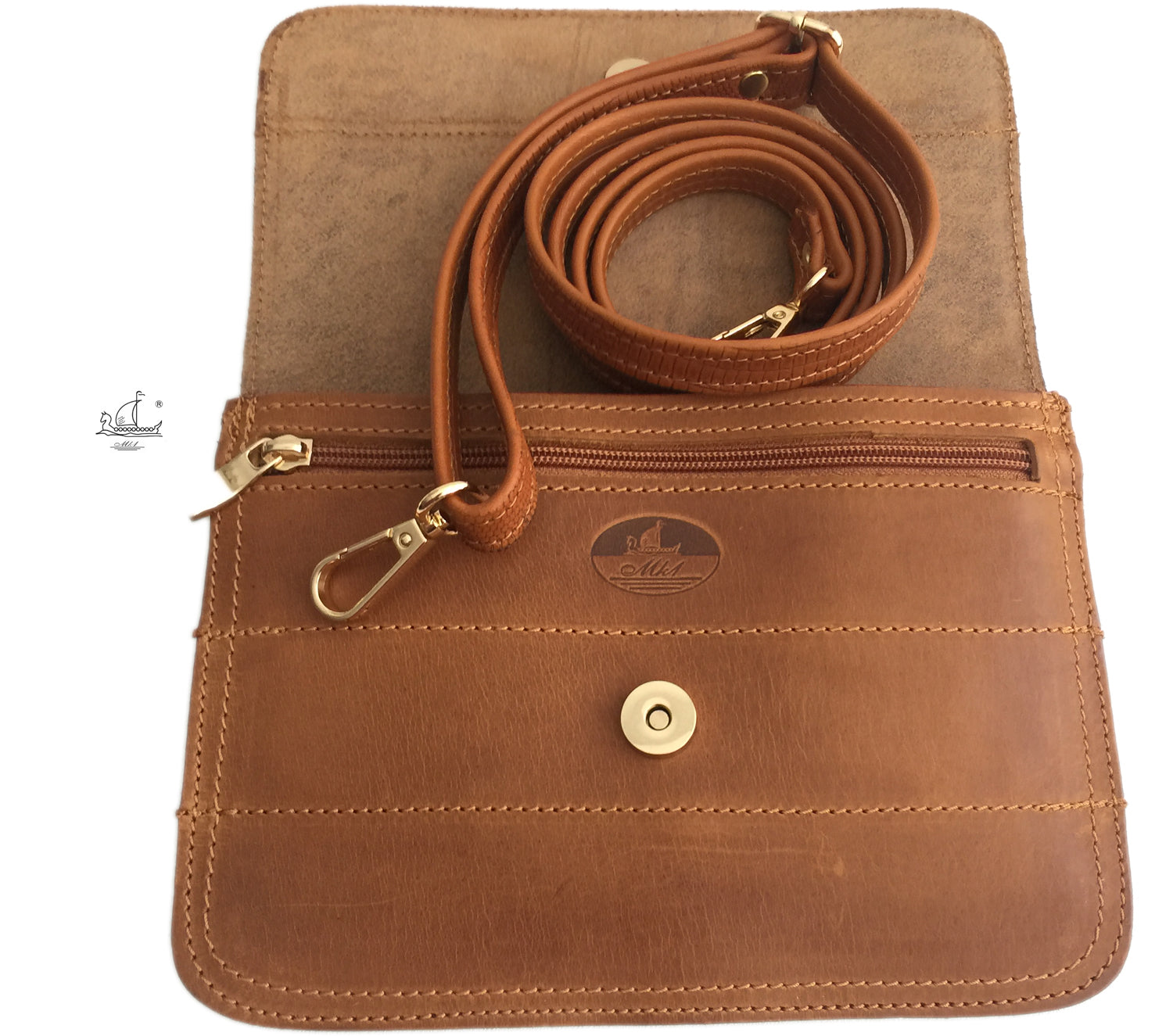 "Iakinthos" - small crossbody bag handcrafted from natural light brown leather with flower design WT/52FLK