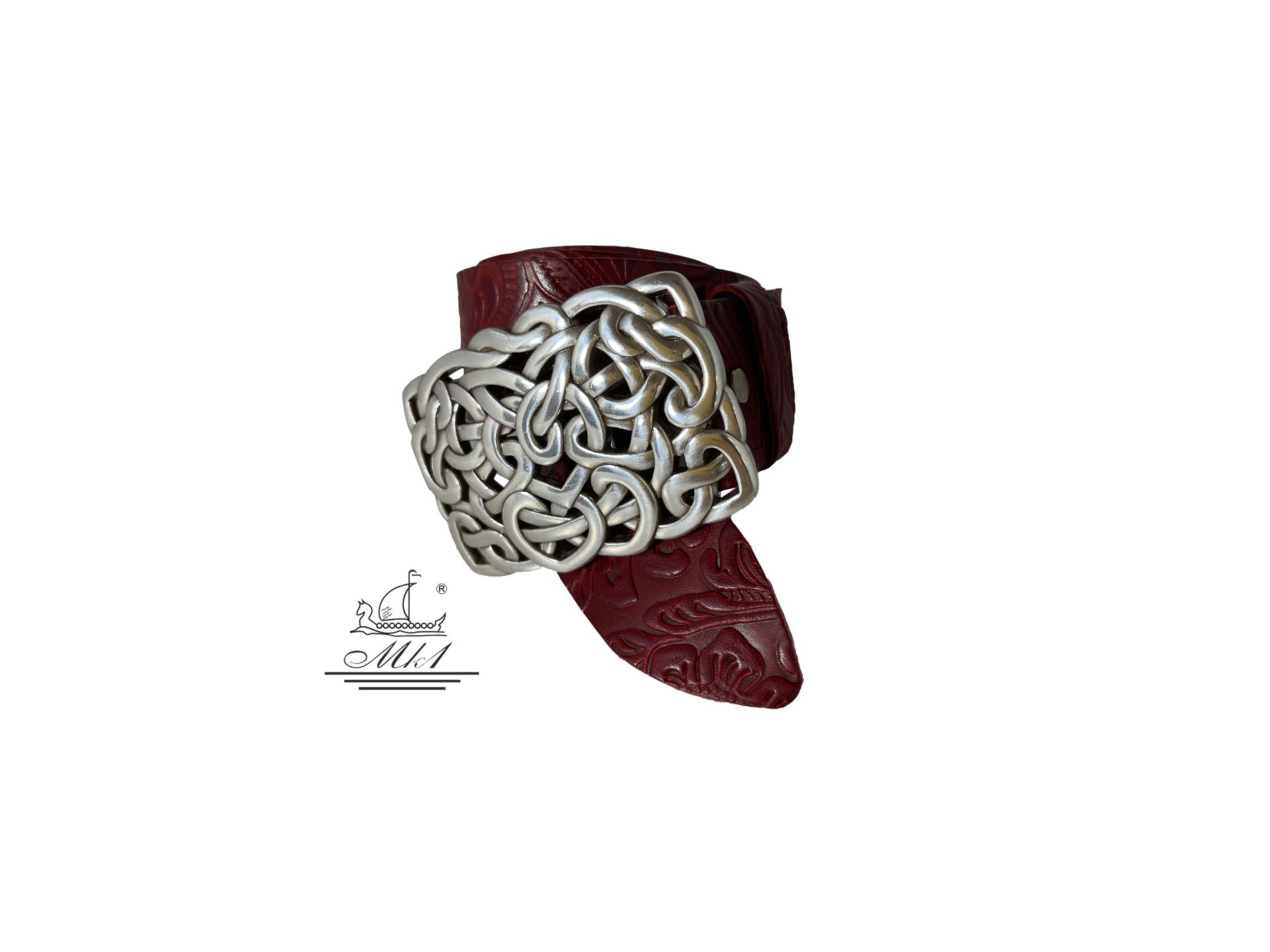 Woman's 4cm wide belt handcrafted from red leather with flower design. 100148/40kk/ll