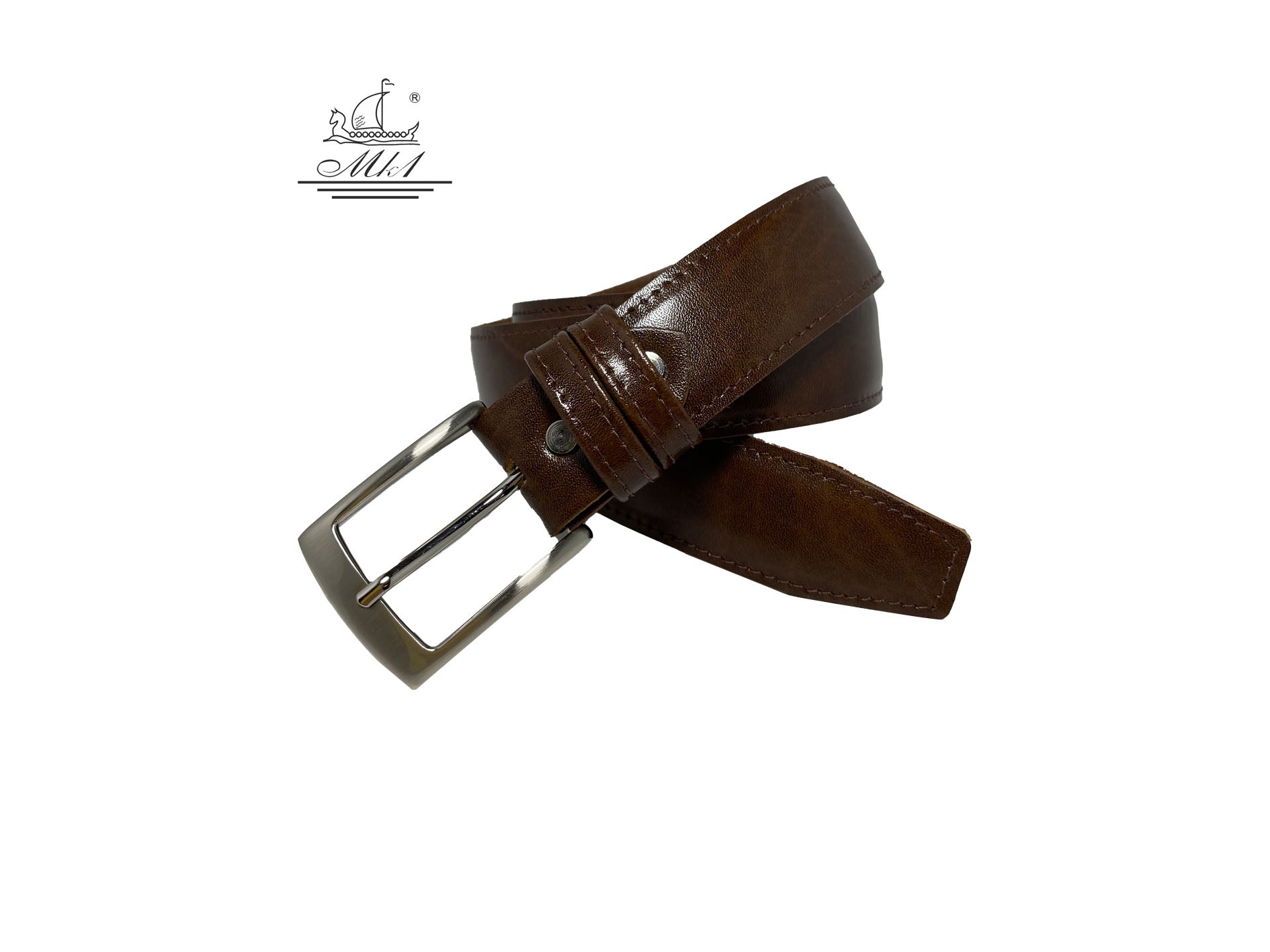 Unisex 4cm wide belt handcrafted from brown leather with sticking design.A002/35BR/DG