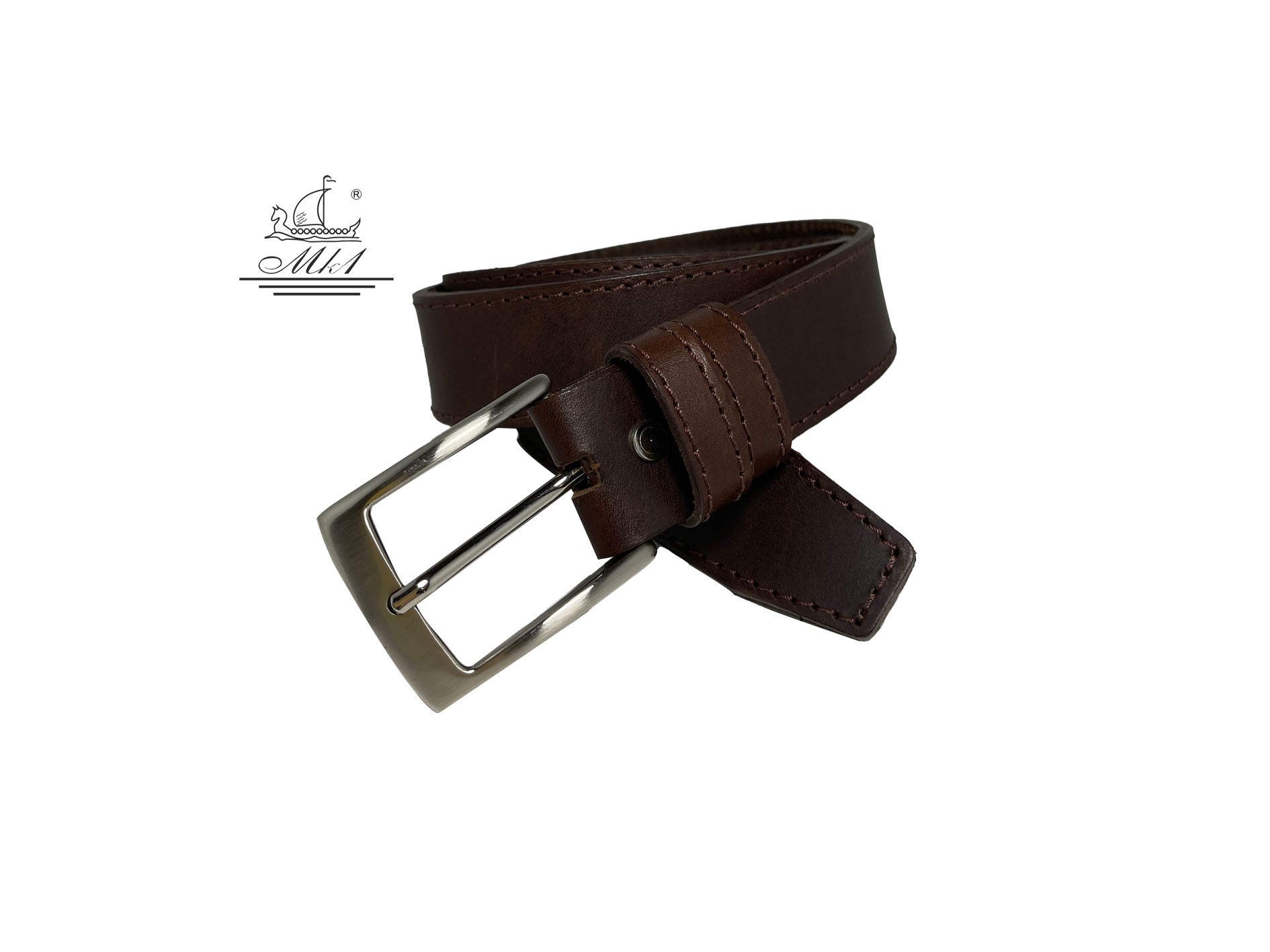 Unisex 4cm wide belt handcrafted from brown leather with sticking design.A002/35BR/DG