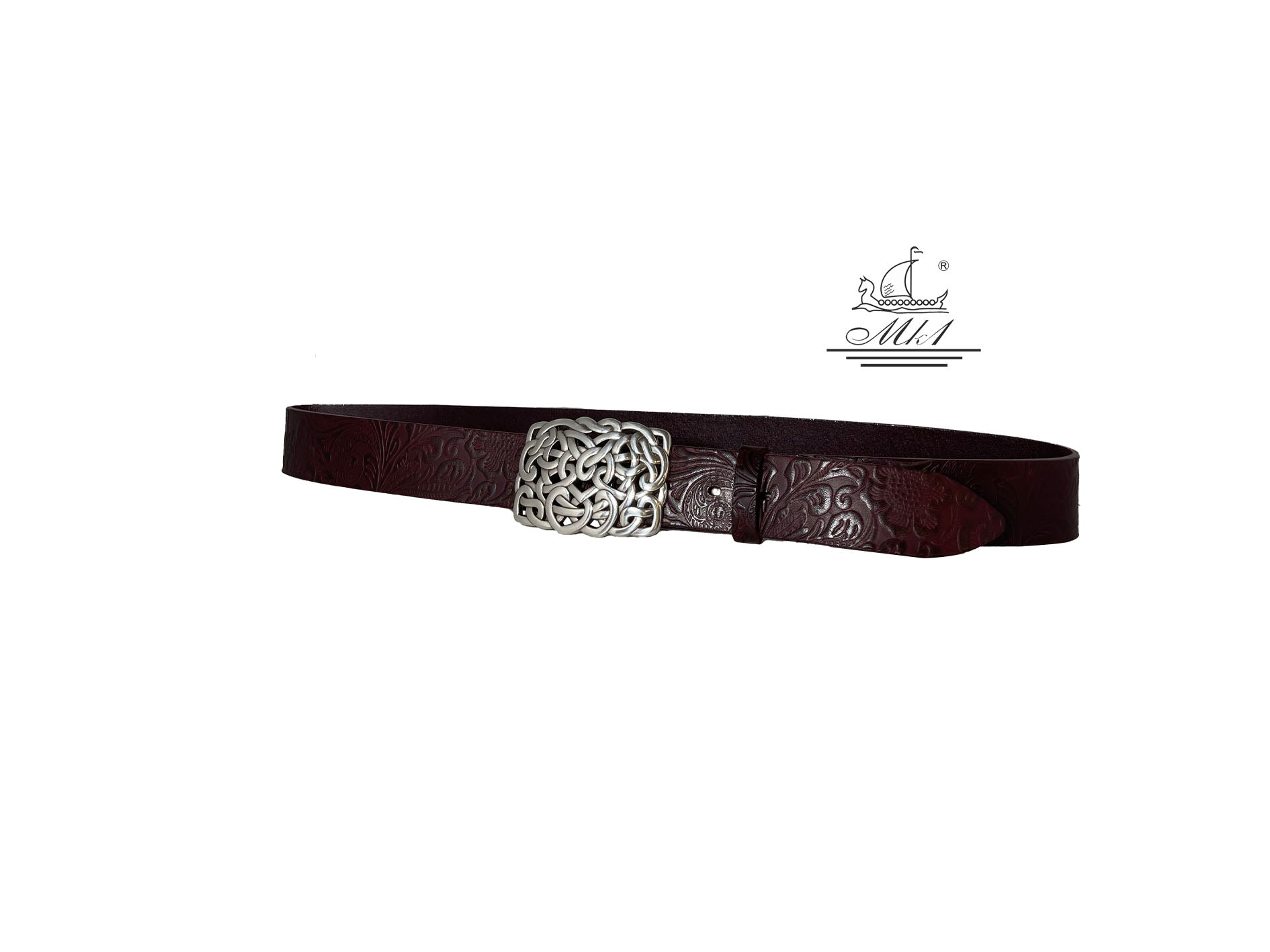 Woman's 4cm wide belt handcrafted from red brown leather with flower design. 100148/40mp/ll