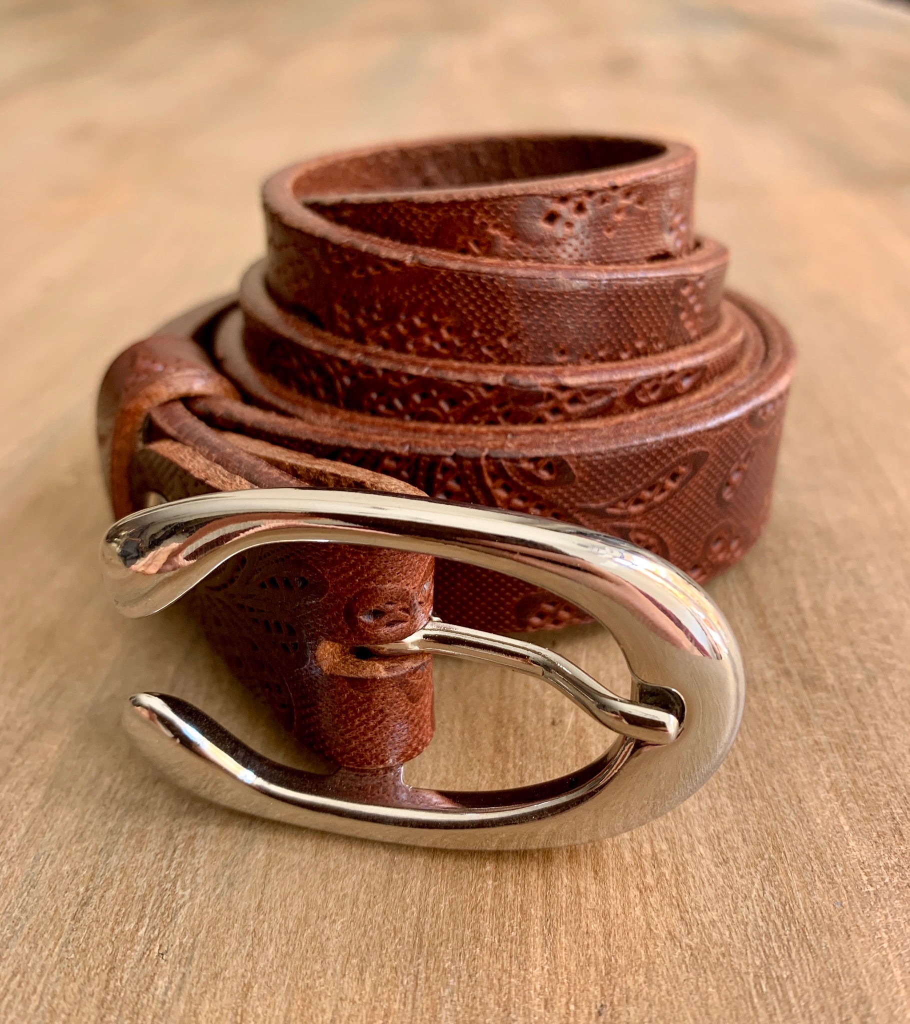 Women's thin belt handcrafted from light brown natural leather with flower 2 design WB101294/25LD