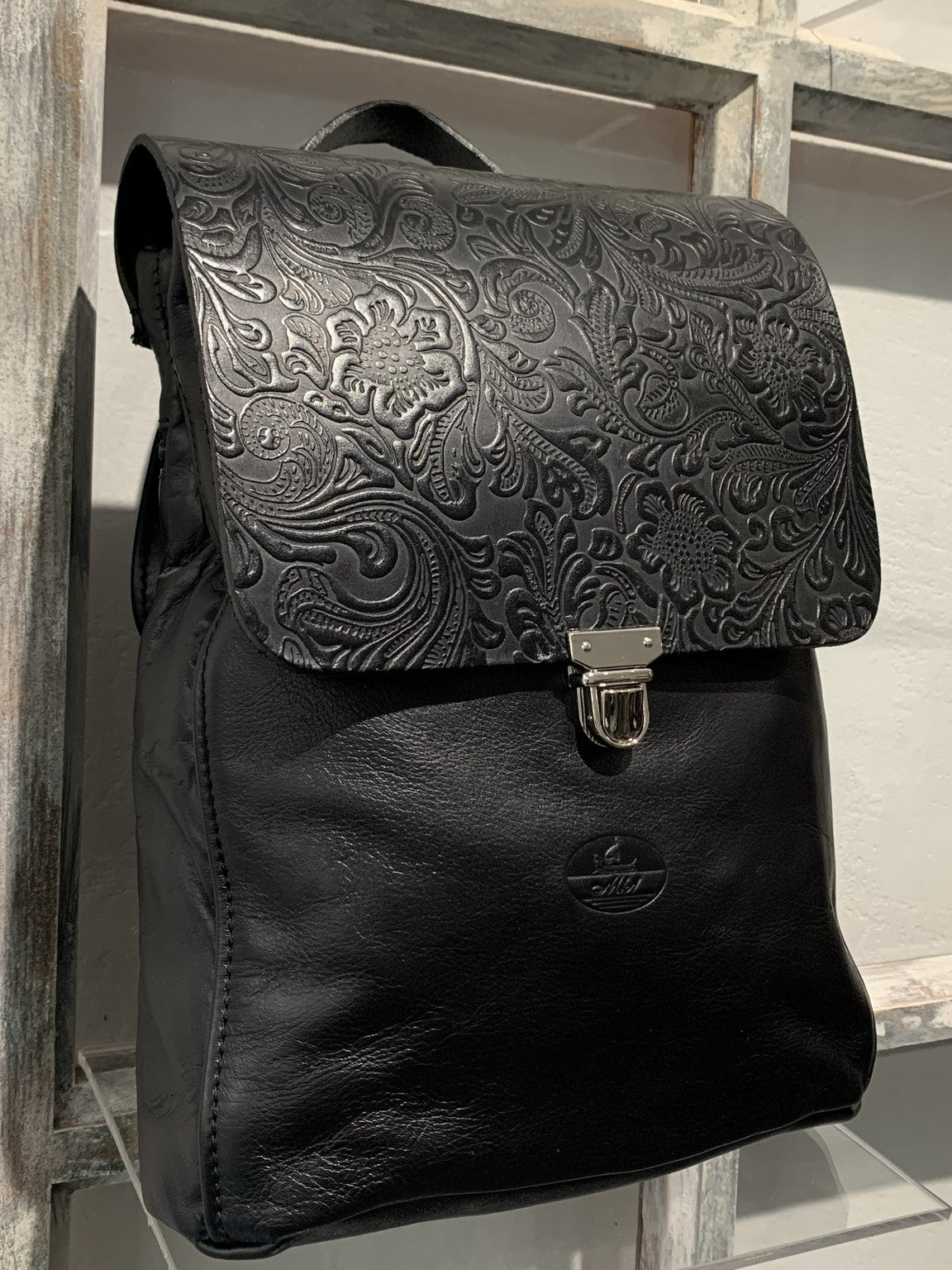 Elpiniki - soft black leather backpack with flower design WT/TYM