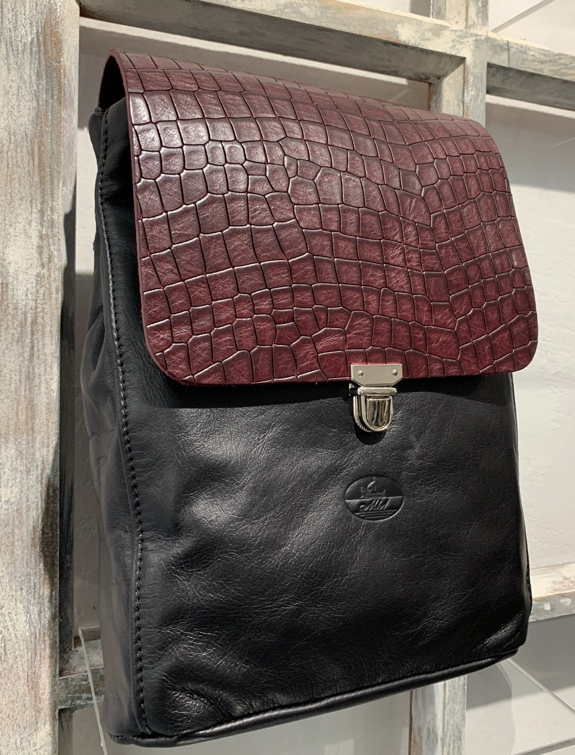 Elpiniki - soft black leather backpack with bordo croco design WT/TYM