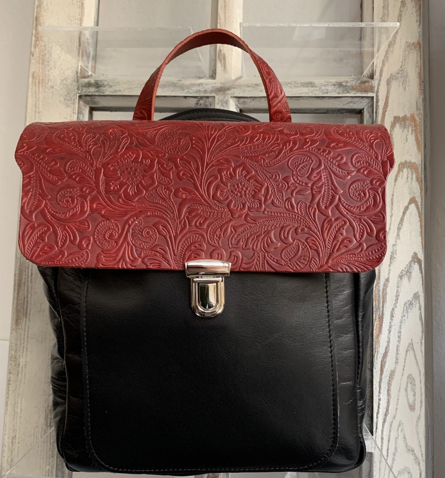 Elektra - soft black leather backpack with brown flower design WT/283M