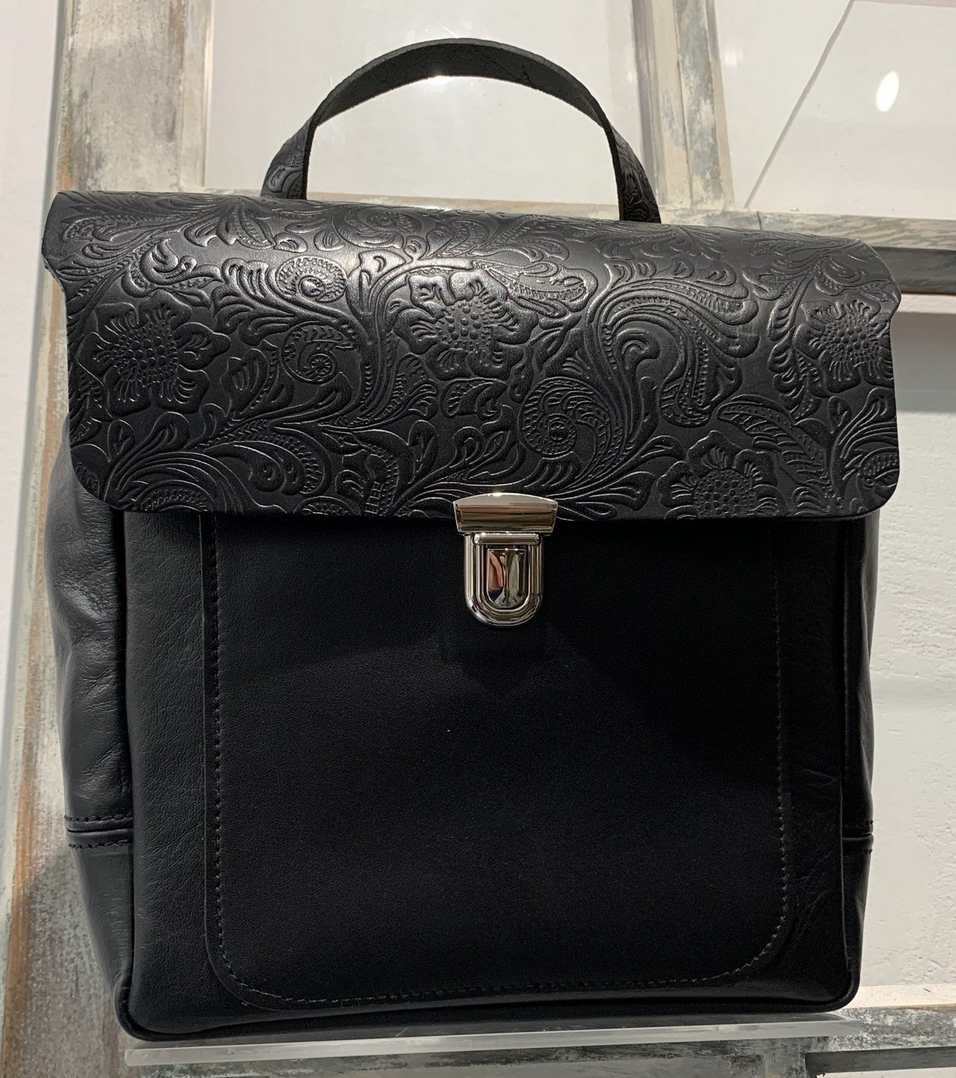 Elektra - soft black leather backpack with brown flower design WT/283M