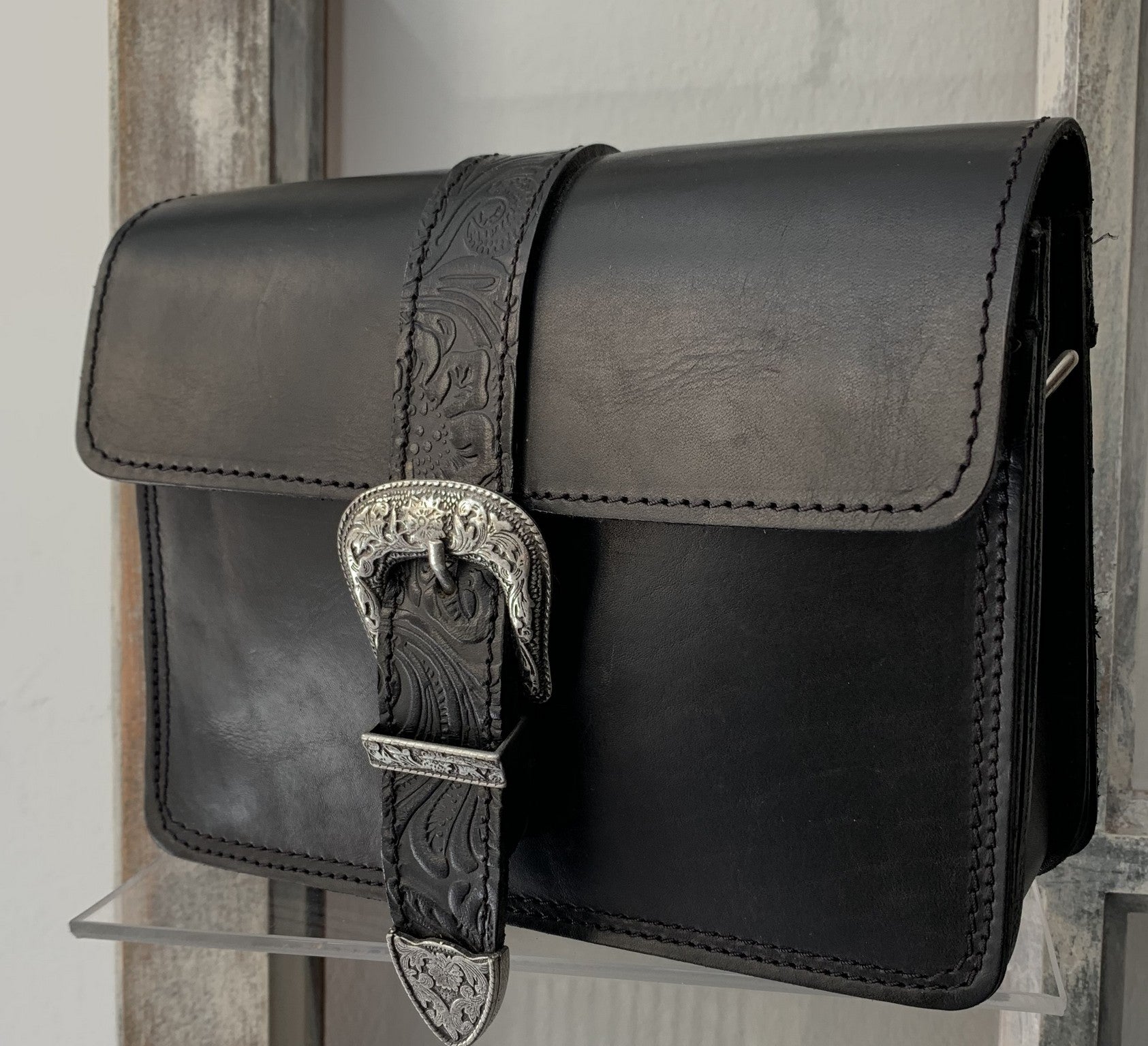 Kalypso" - small crossbody bag handcrafted from natural black leather with flower details WT/55F2FM2