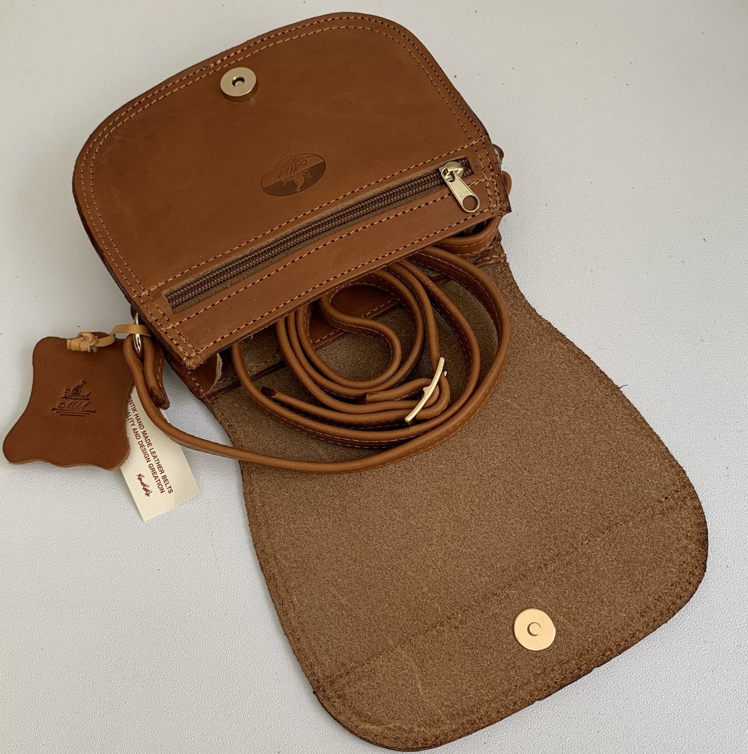 "Fedra" - small crossbody bag handcrafted from natural light brown leather with snake details WT/60T