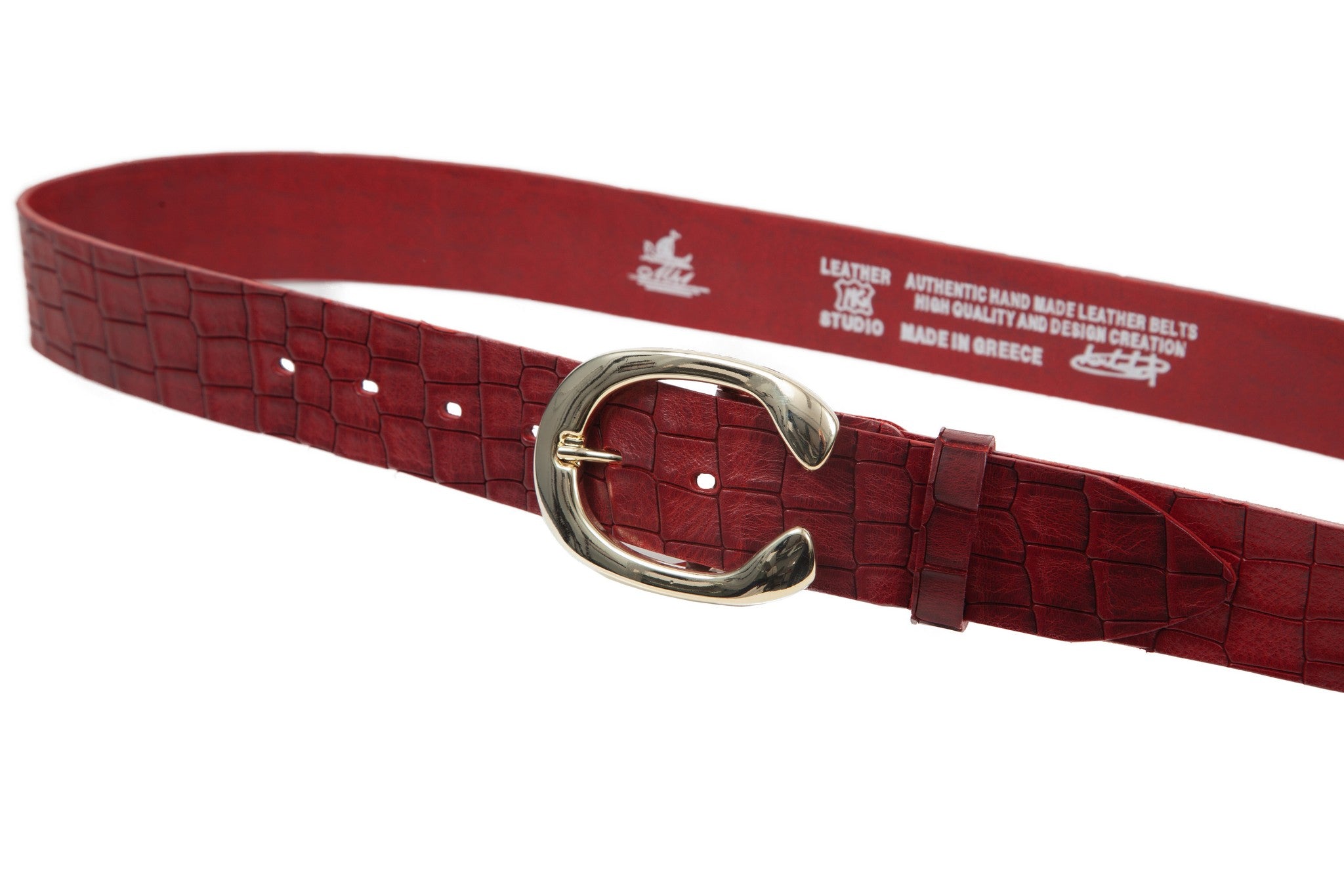 Women's 4cm wide belt handcrafted from red natural leather with croco design WB101294/40GKR
