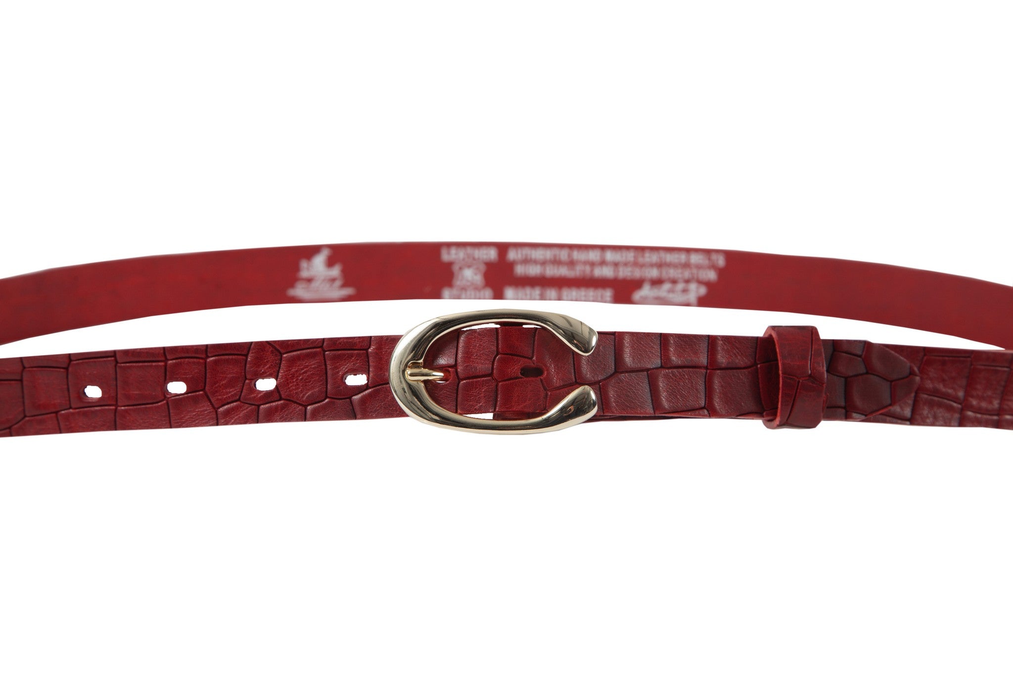 Women's thin belt handcrafted from red natural leather with croco design WB101294/25GKR