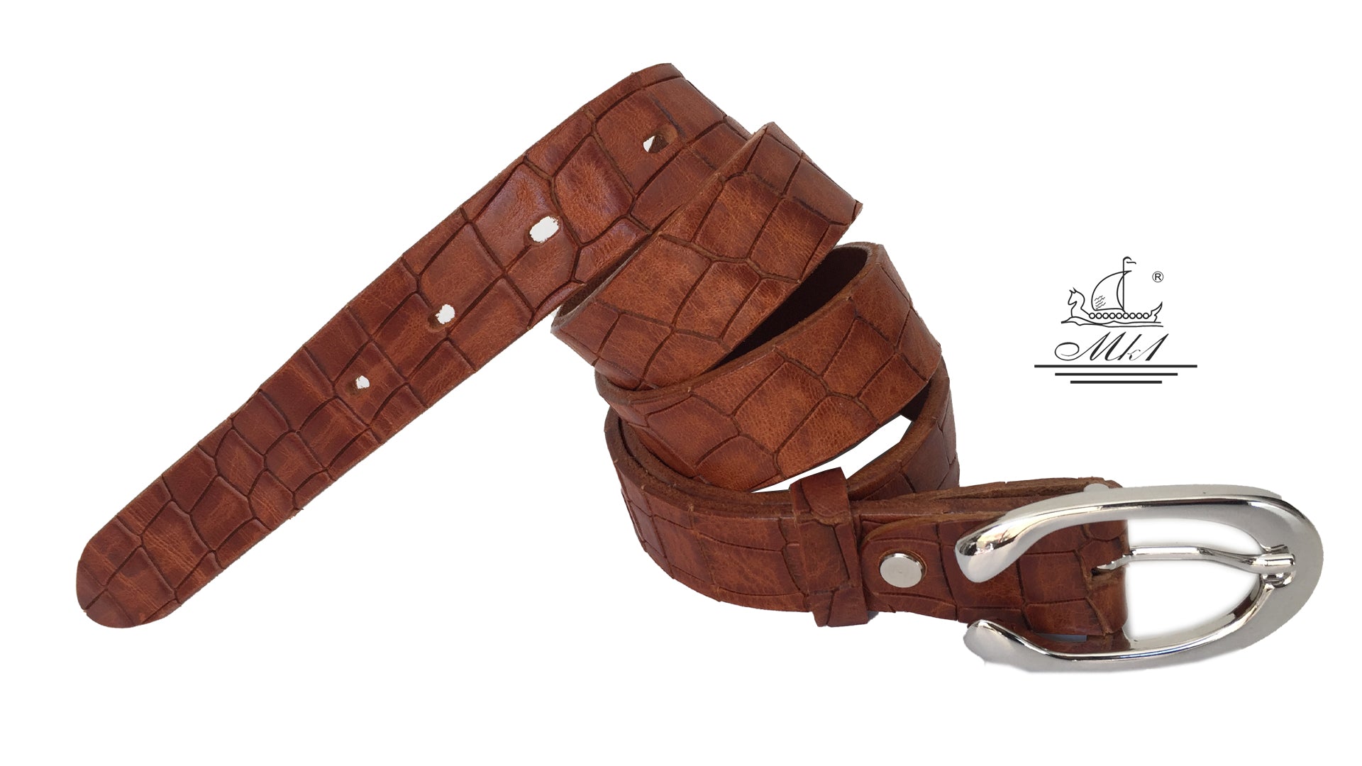 Women's thin belt handcrafted from brown natural leather with croco design 101294-25t-kr