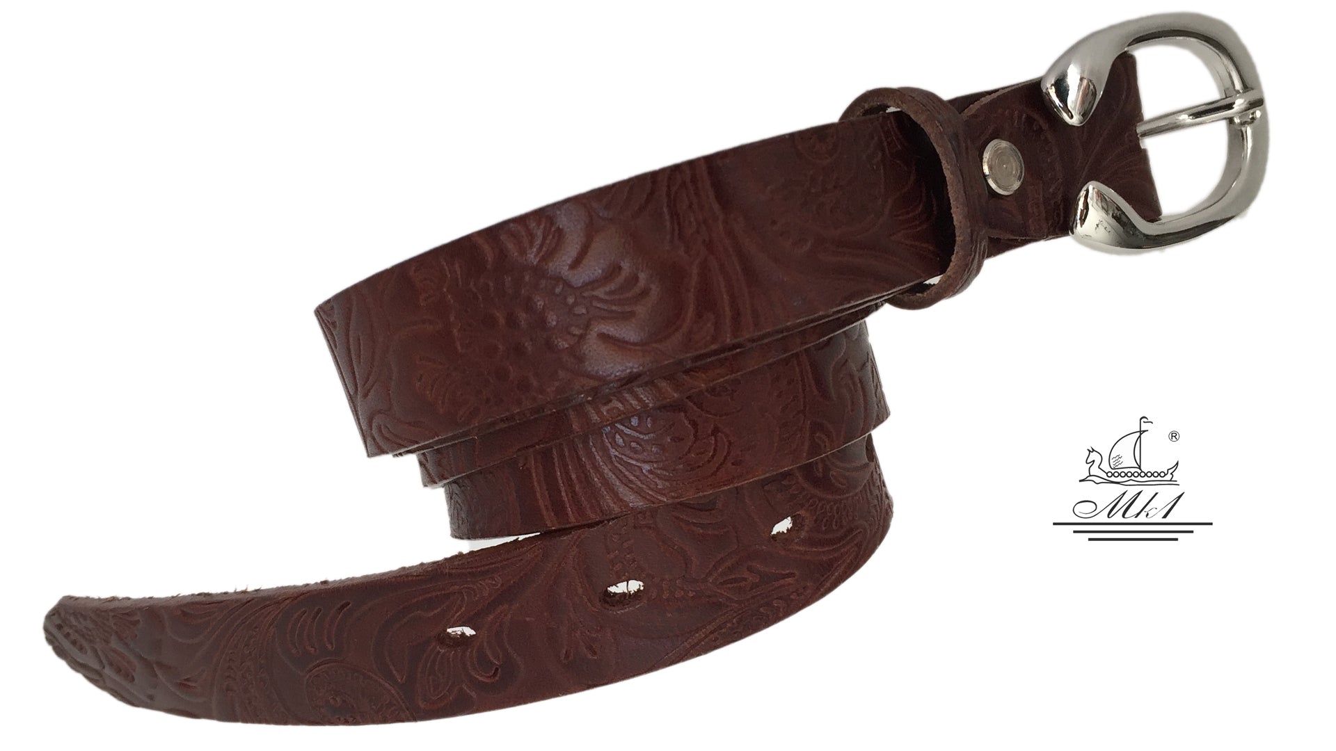 Women's thin belt handcrafted from cognac natural leather with floral design 101294-25k-ll