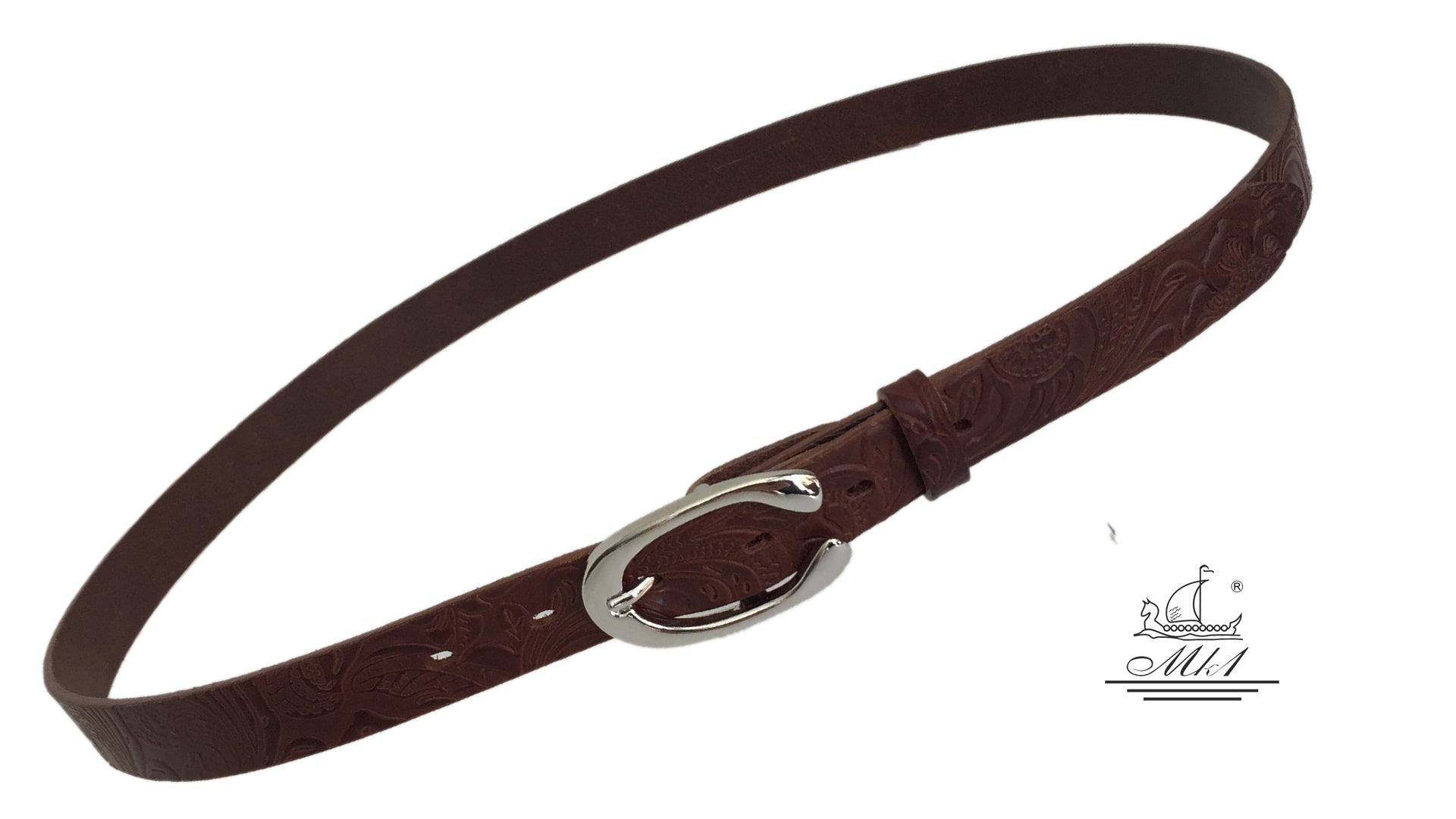 Women's thin belt handcrafted from cognac natural leather with floral design 101294-25k-ll