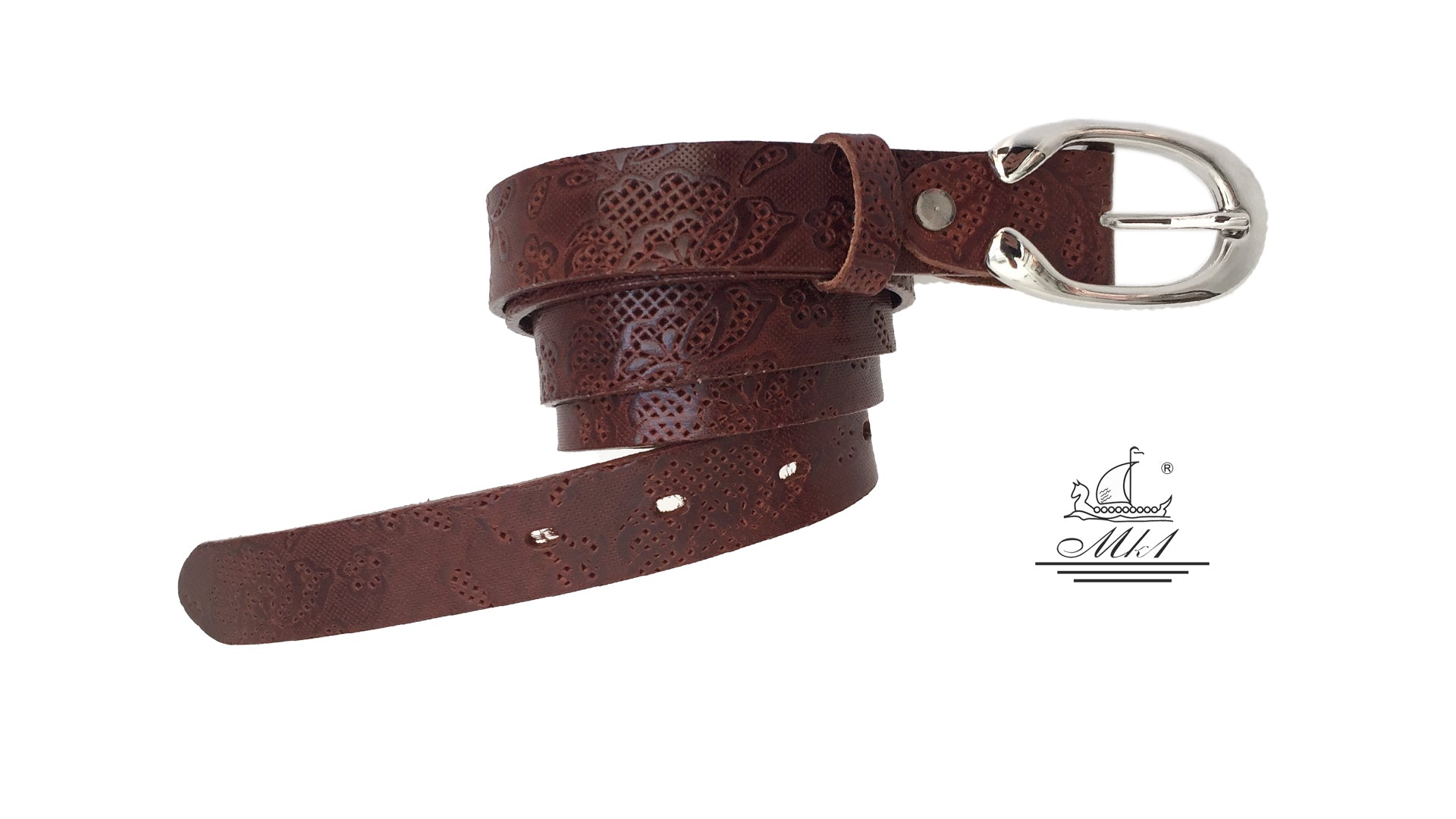 Women's thin belt handcrafted from redbrown natural leather with floral design 101294-25rb-dt