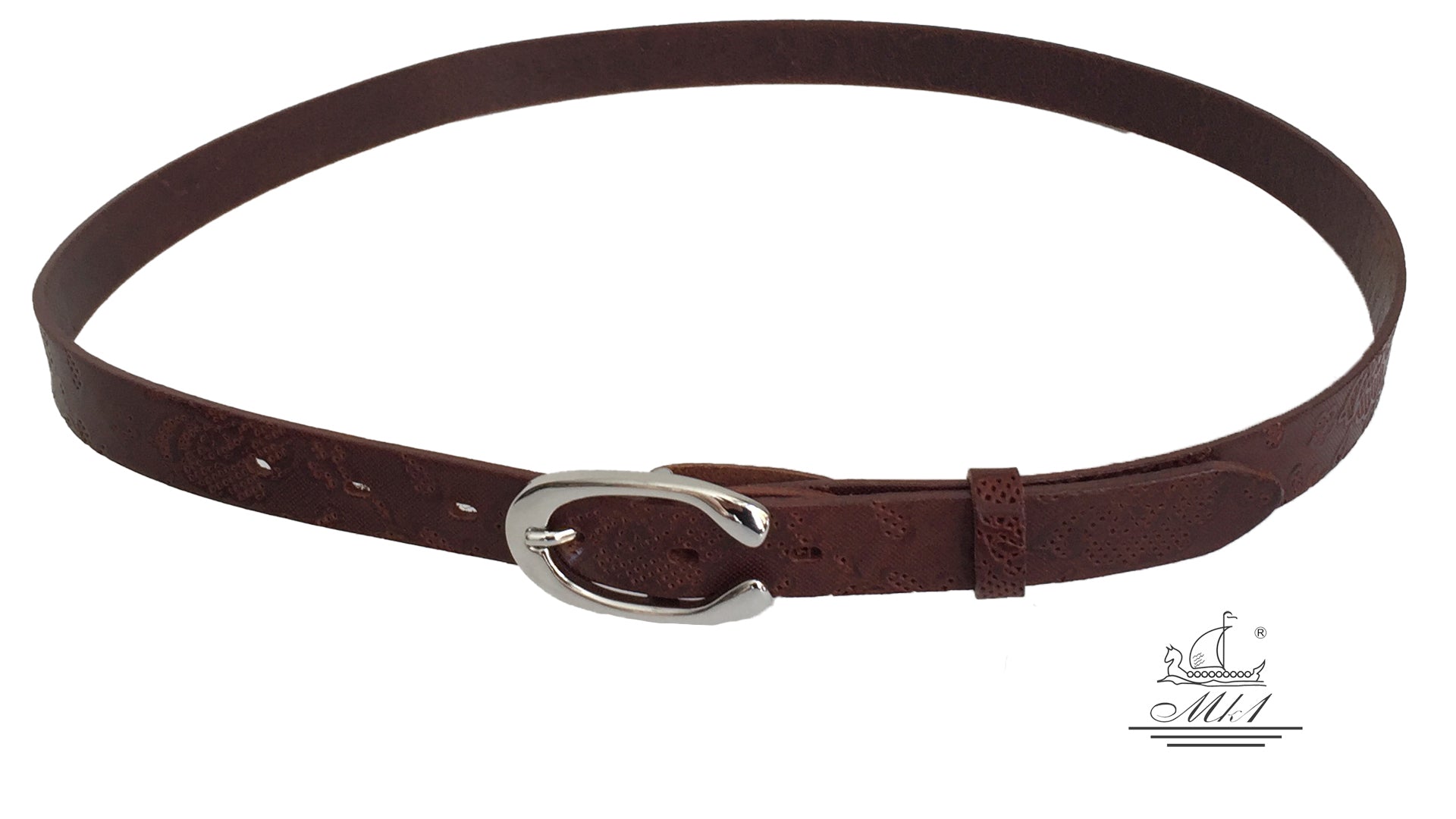 Women's thin belt handcrafted from redbrown natural leather with floral design 101294-25rb-dt