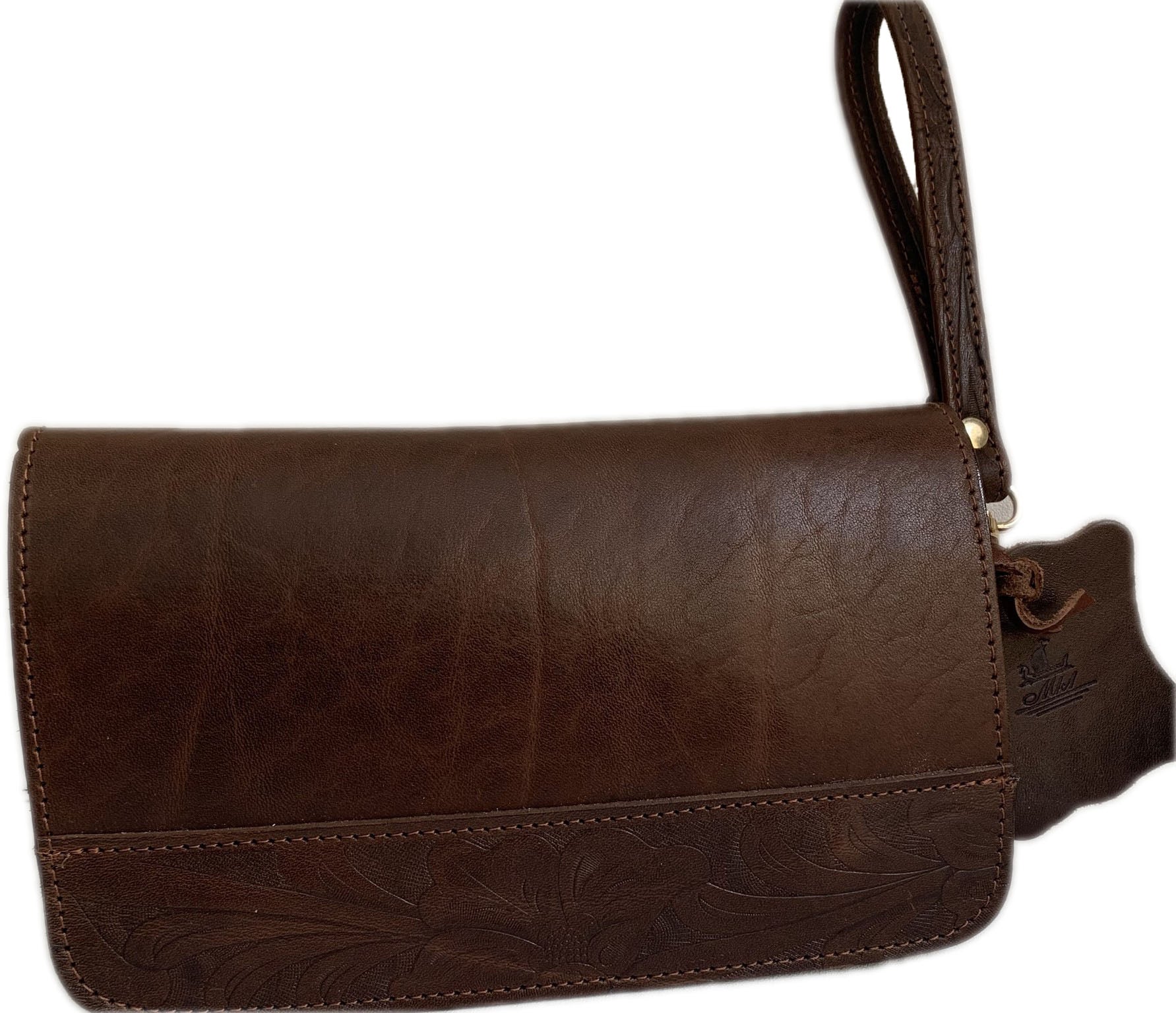 "Oneiros" - small crossbody bag handcrafted from natural dark brown leather with flower design WT/58FK