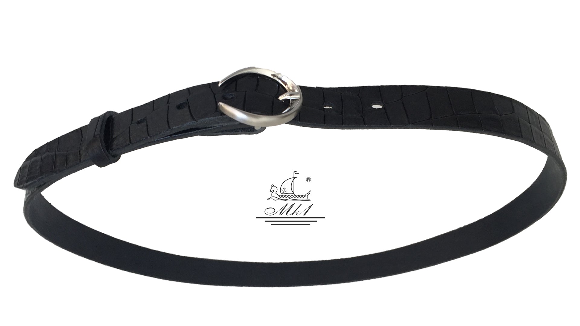 Women's thin belt handcrafted from black natural leather with croco design 101589/25Nm-kr