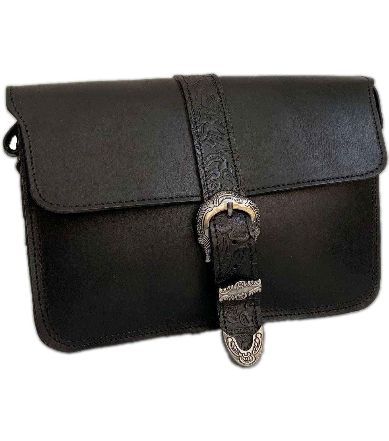 "Hellen" - midsize crossbody bag handcrafted from natural black leather with flower details WT/319M