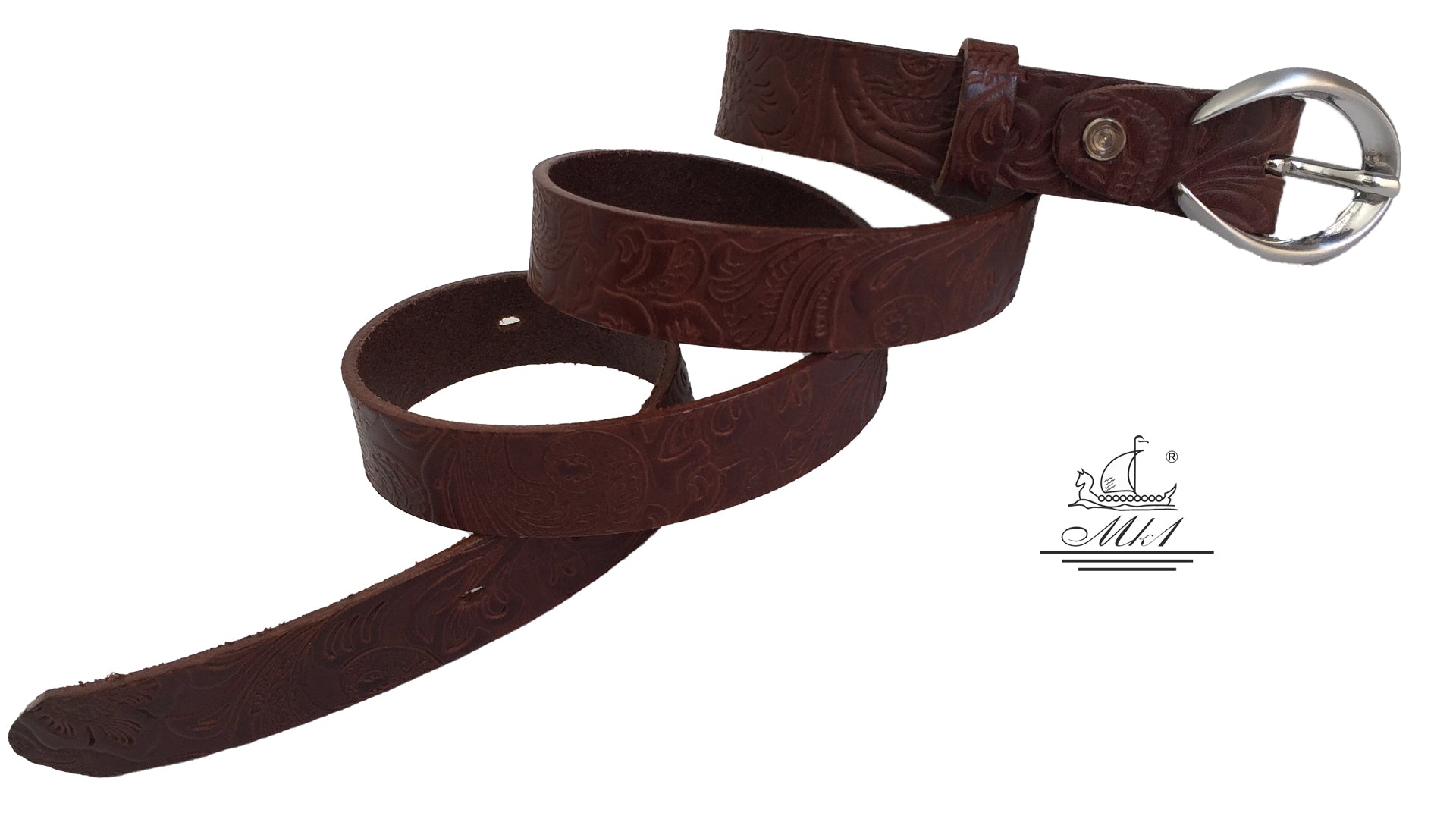 Women's thin belt handcrafted from brown natural leather with floral design 101589/25Nk-ll