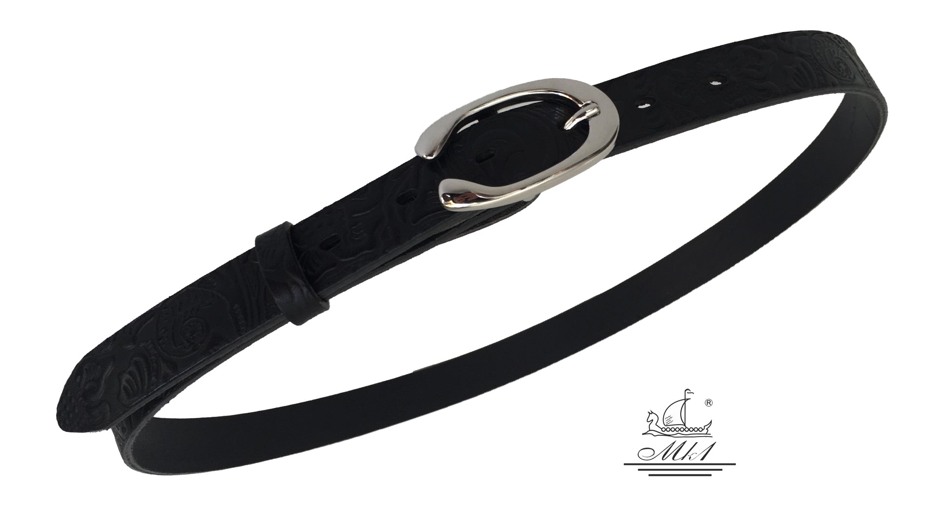 Women's thin belt handcrafted from black natural leather with floral design 101294-25m-ll