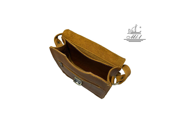 "Diomedes " - midsize crossbody bag handcrafted from natural light brown leather with square lock. WT/451