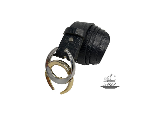 Handmade casual leather belt in black colour with flower design . 101588/40B/LD